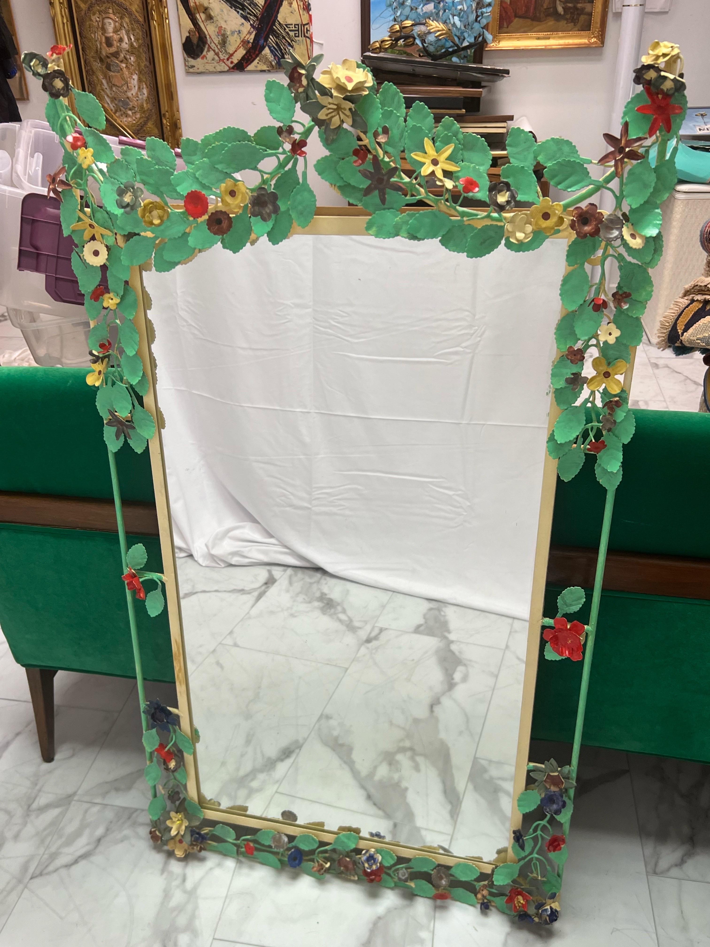1950’s Large Italian Tole Hand Painted Floral Mirror For Sale 5