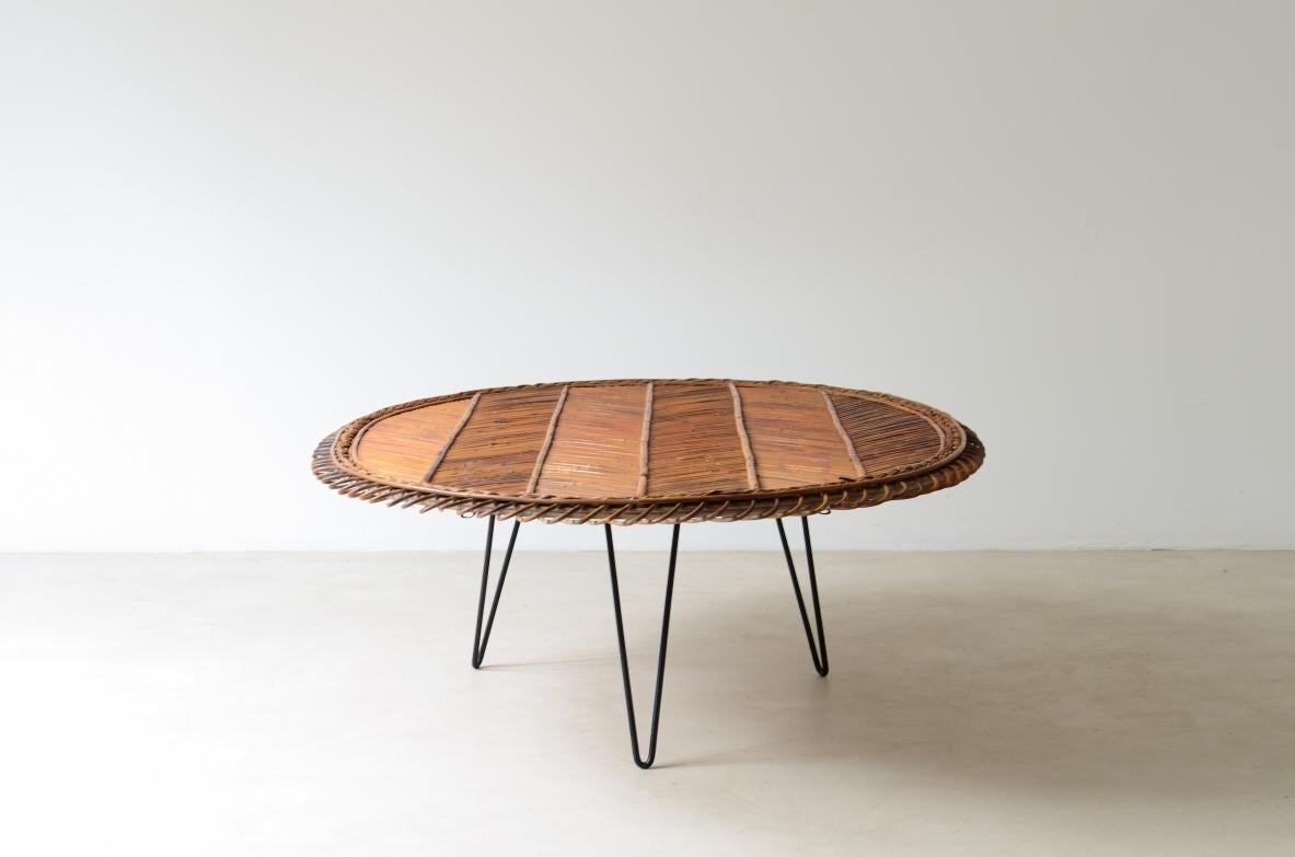 Mid-Century Modern 1950's Large low table with herringbone rattan For Sale