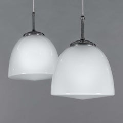 1950s Large Opaline Glass & Chrome Pendant Lights — Czechoslovakia