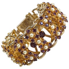 Gran eslabón abierto de los años 50 y pulsera de perlas y brillantes morados