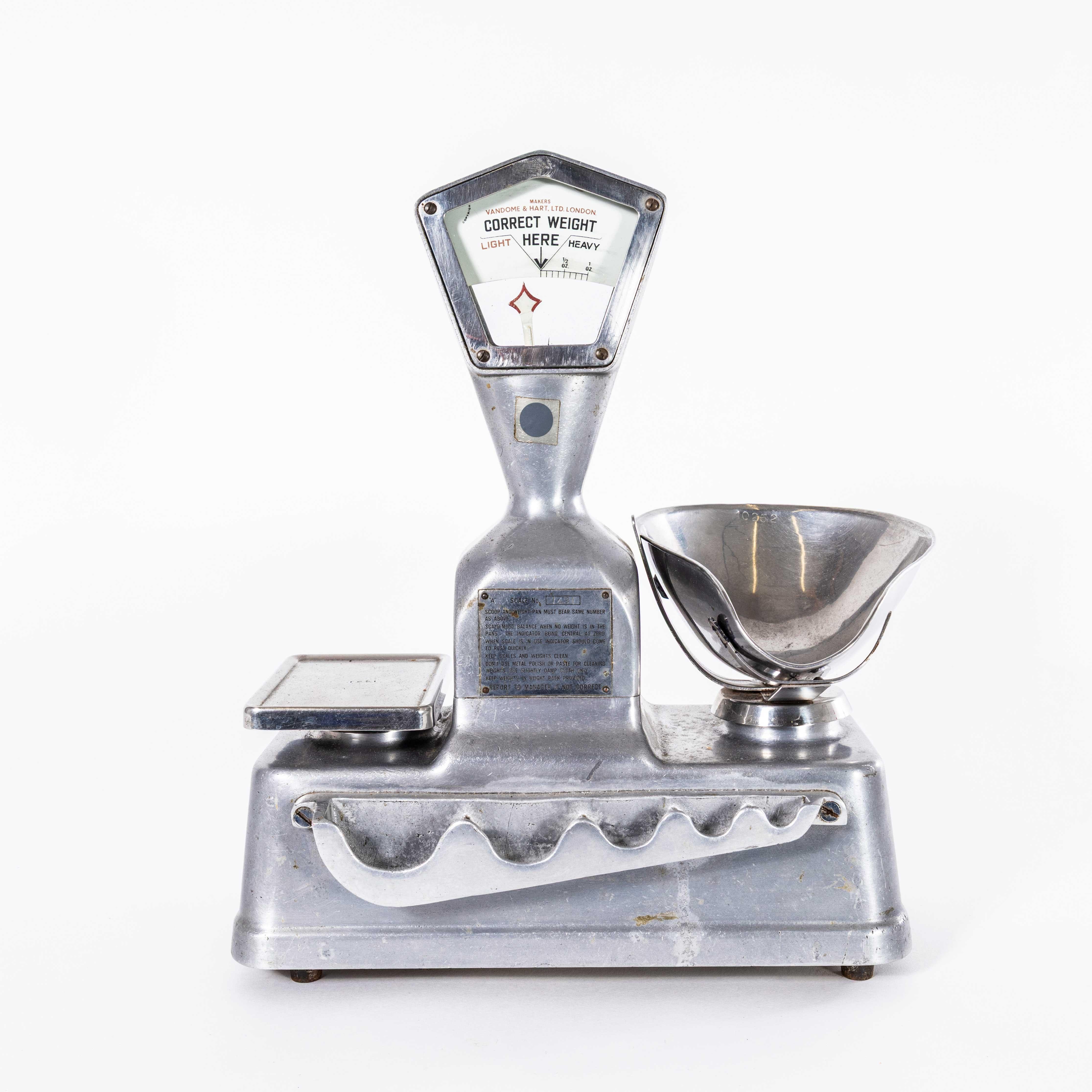 1950’s Large Original Shop Cast Weighing Scales. 
High quality weighing scales by Vandome & Hart Ltd London. Made from cast aluminium they are fully working but sold as a decorative item.

Workshop Report:
Our workshop team inspect every product and