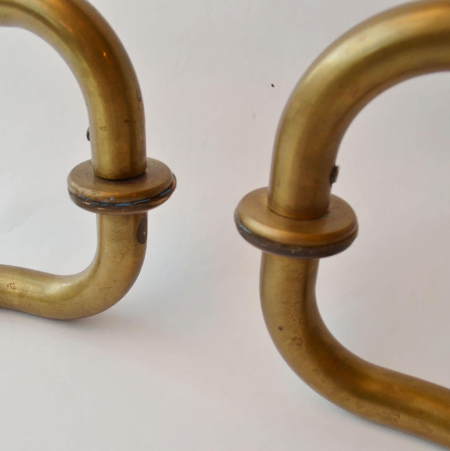 European Large Pair of Curved Tubular Brass Double Door Push & Pull Door Handles