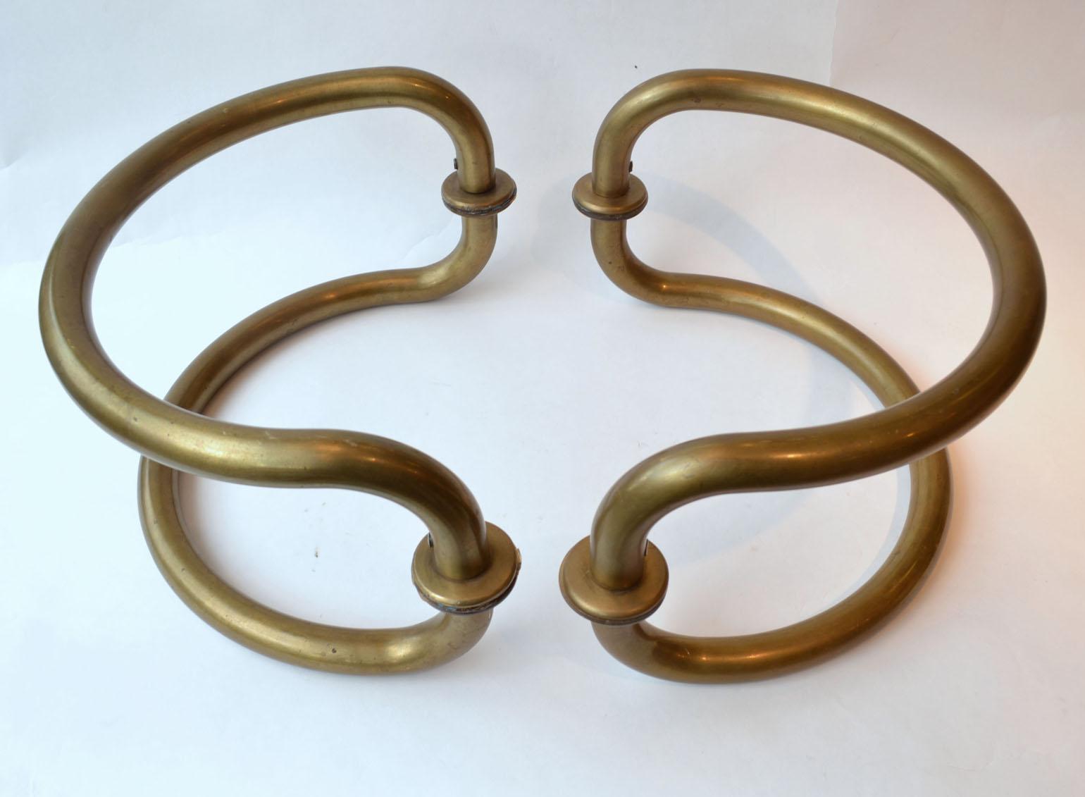 Large Pair of Curved Tubular Brass Double Door Push & Pull Door Handles 1