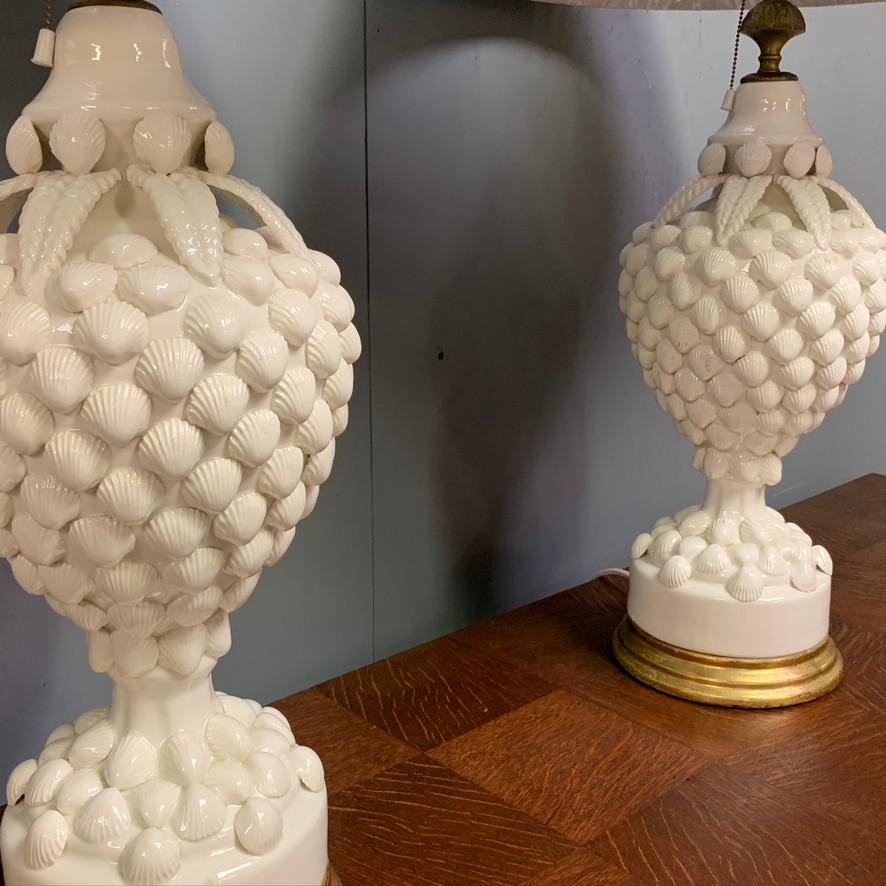 Ceramic 1950s Large Pair of Spanish Shell Lamps by 