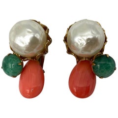Vintage 1950S Large Pearl with Coral and Jade Glass Cabochon Earrings.