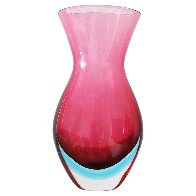 1950s Large Pink Italian Hand-Blown Murano Glass Sommerso Vase