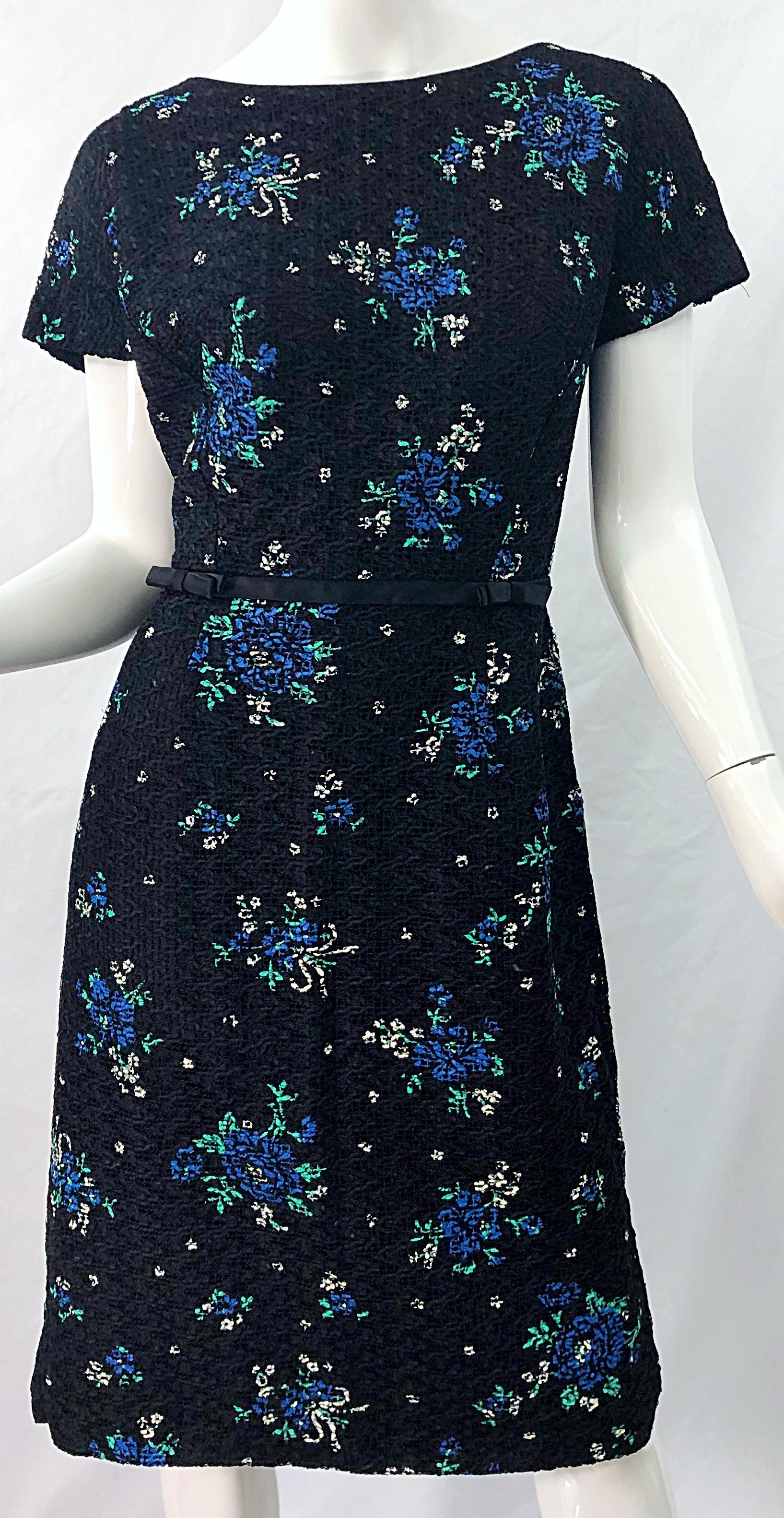 Women's 1950s Large Plus Size Hand Painted Black Silk Woven Ribbon Vintage 50s Dress For Sale