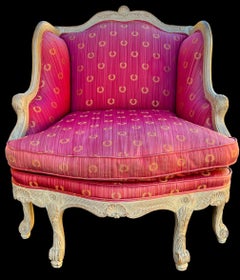 1950s Large Scale French Style Carved White Washed Pine Club / Wing Chair