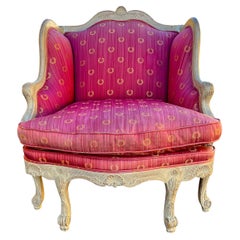 1950s Large Scale French Style Carved White Washed Pine Club / Wing Chair