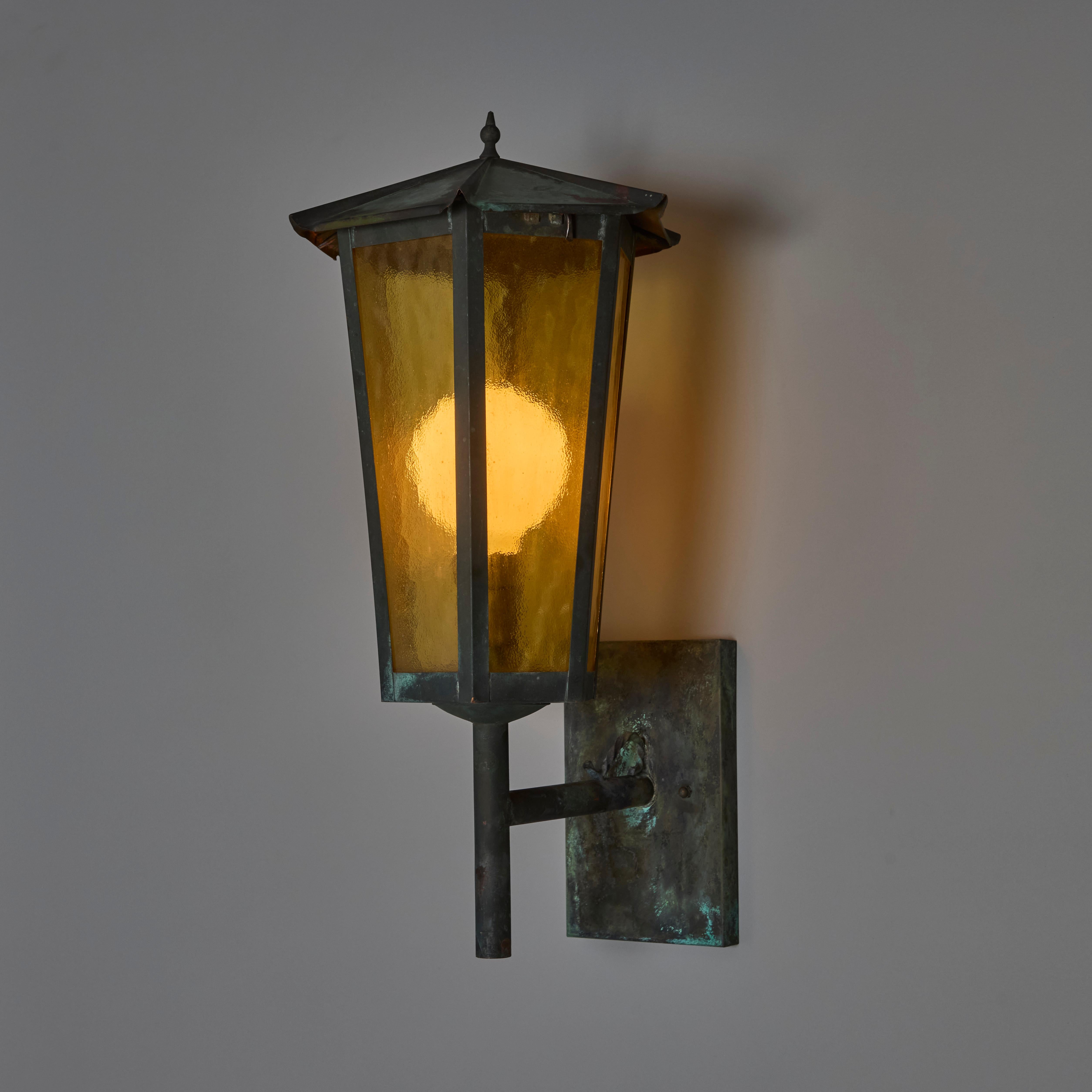 1950s Large Scandinavian Outdoor Wall Light in Patinated Copper and Amber Glass 5