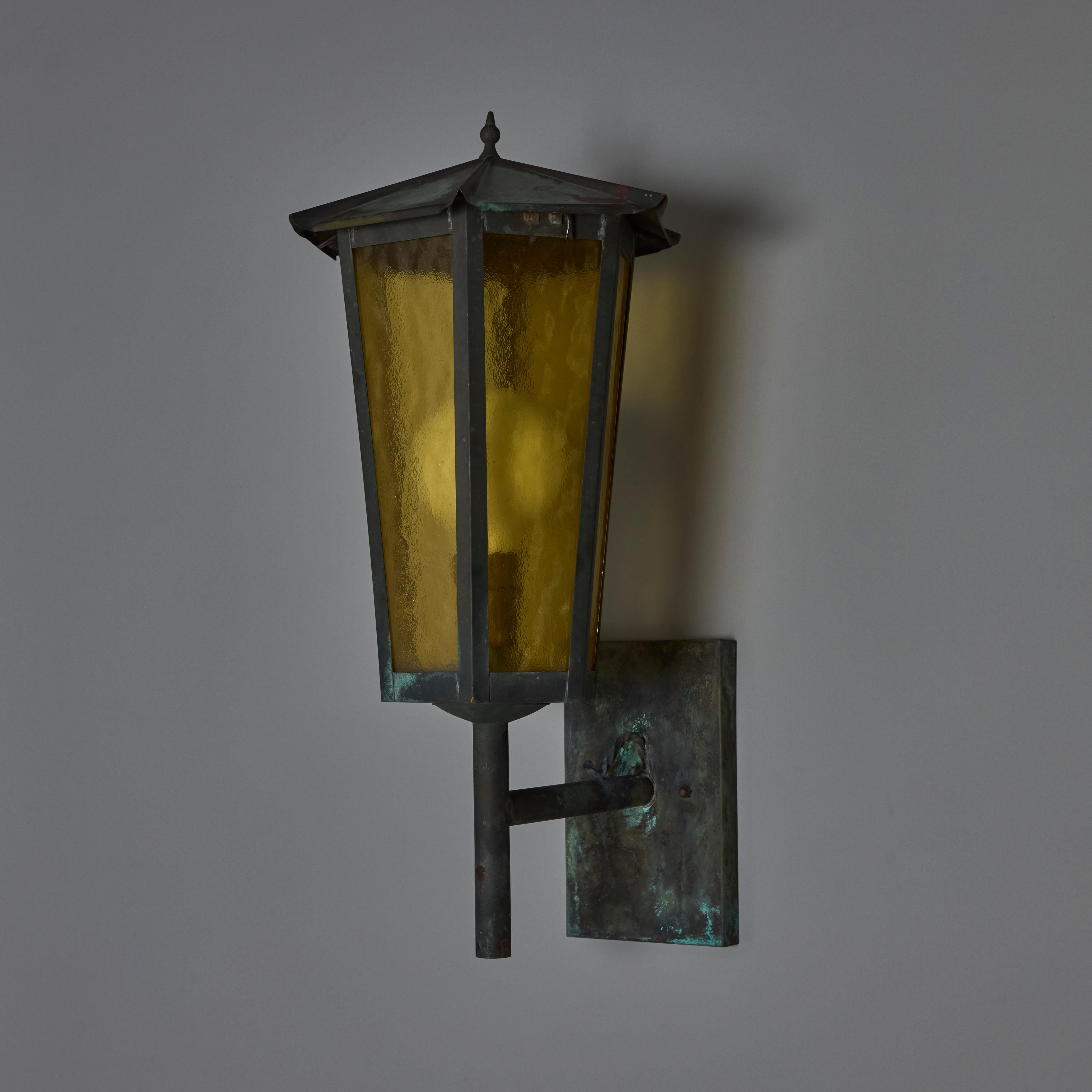 1950s Large Scandinavian Outdoor Wall Light in Patinated Copper and Amber Glass 6