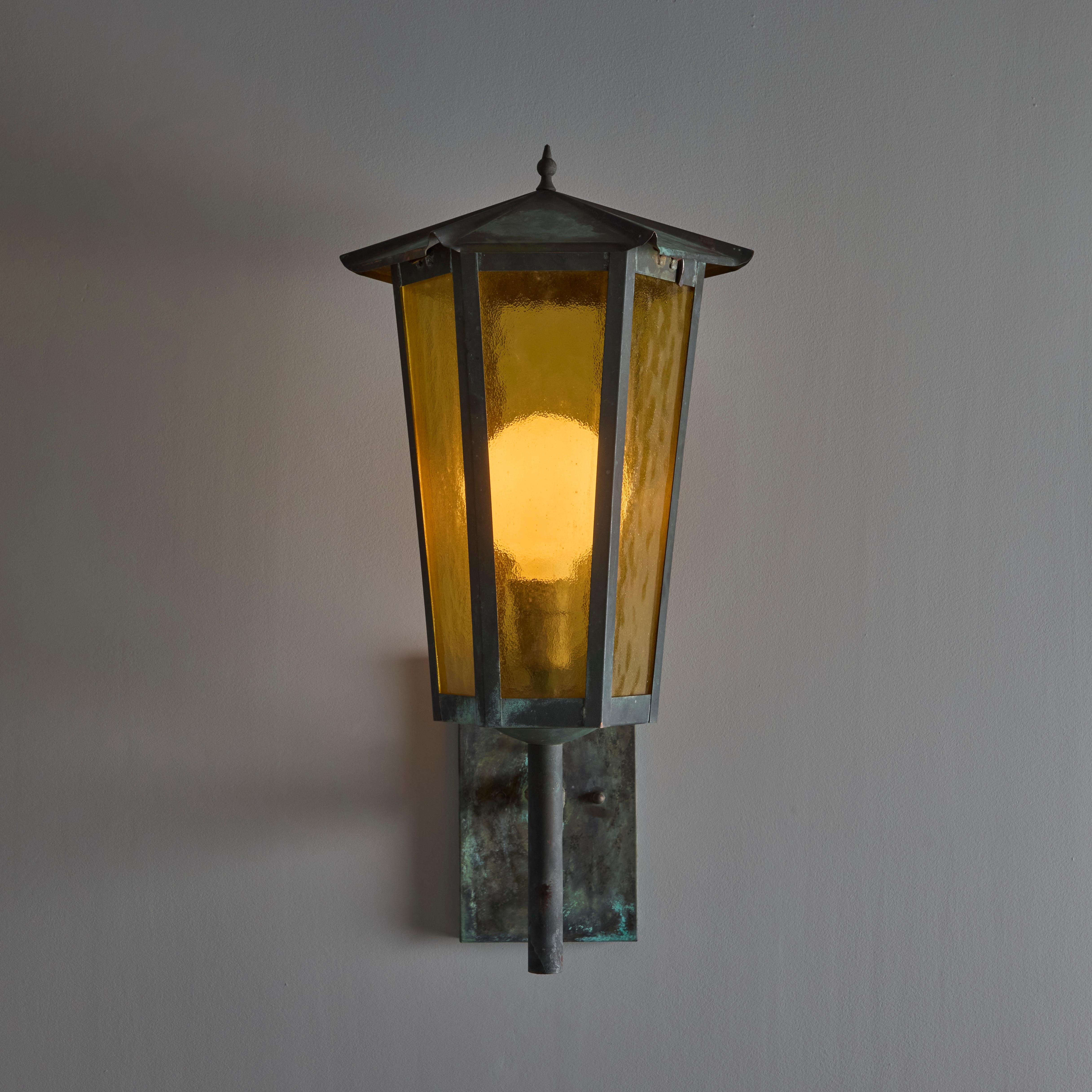 1950s Large Scandinavian Outdoor Wall Light in Patinated Copper and Amber Glass 7