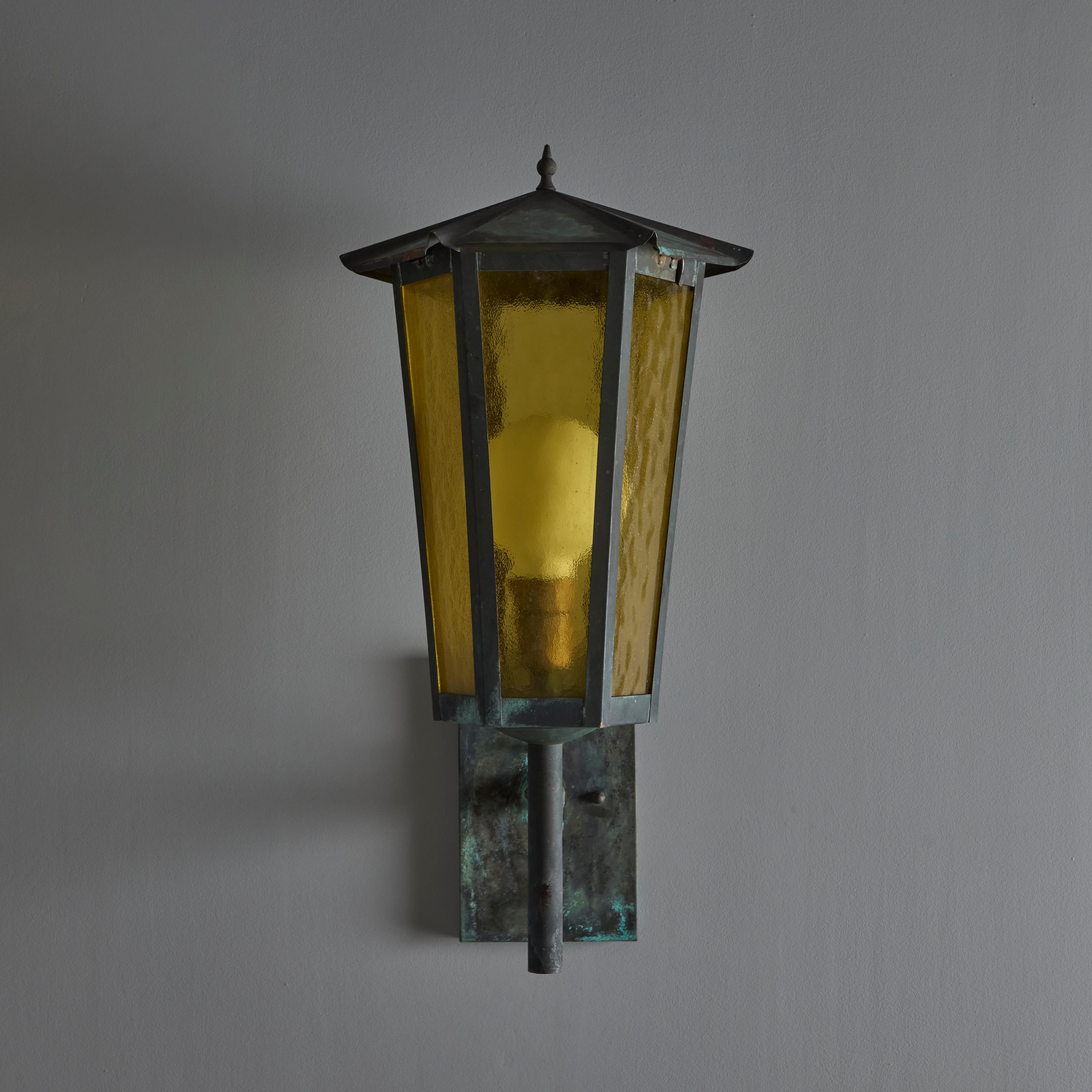 1950s Large Scandinavian Outdoor Wall Light in Patinated Copper and Amber Glass 8