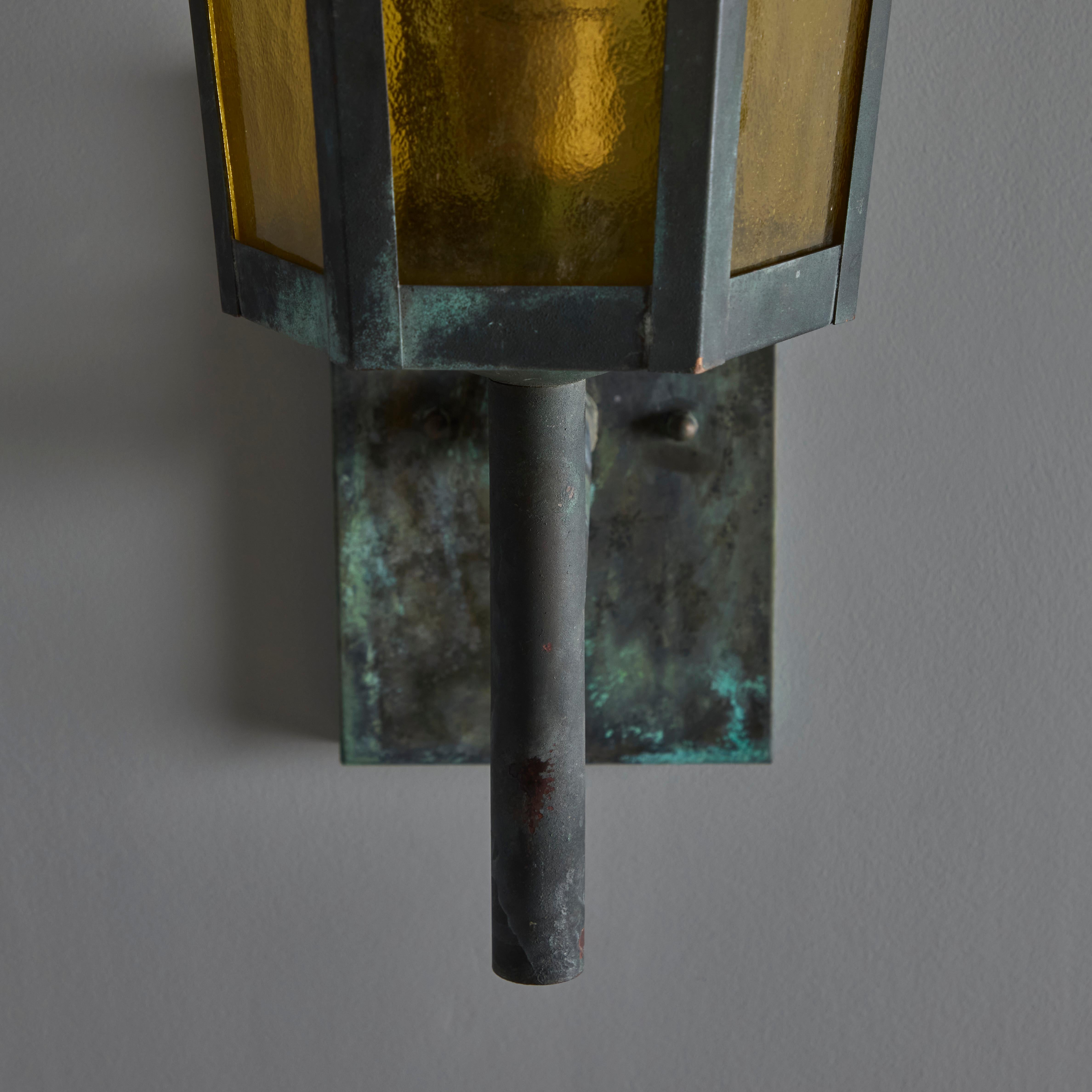 1950s Large Scandinavian Outdoor Wall Light in Patinated Copper and Amber Glass 9