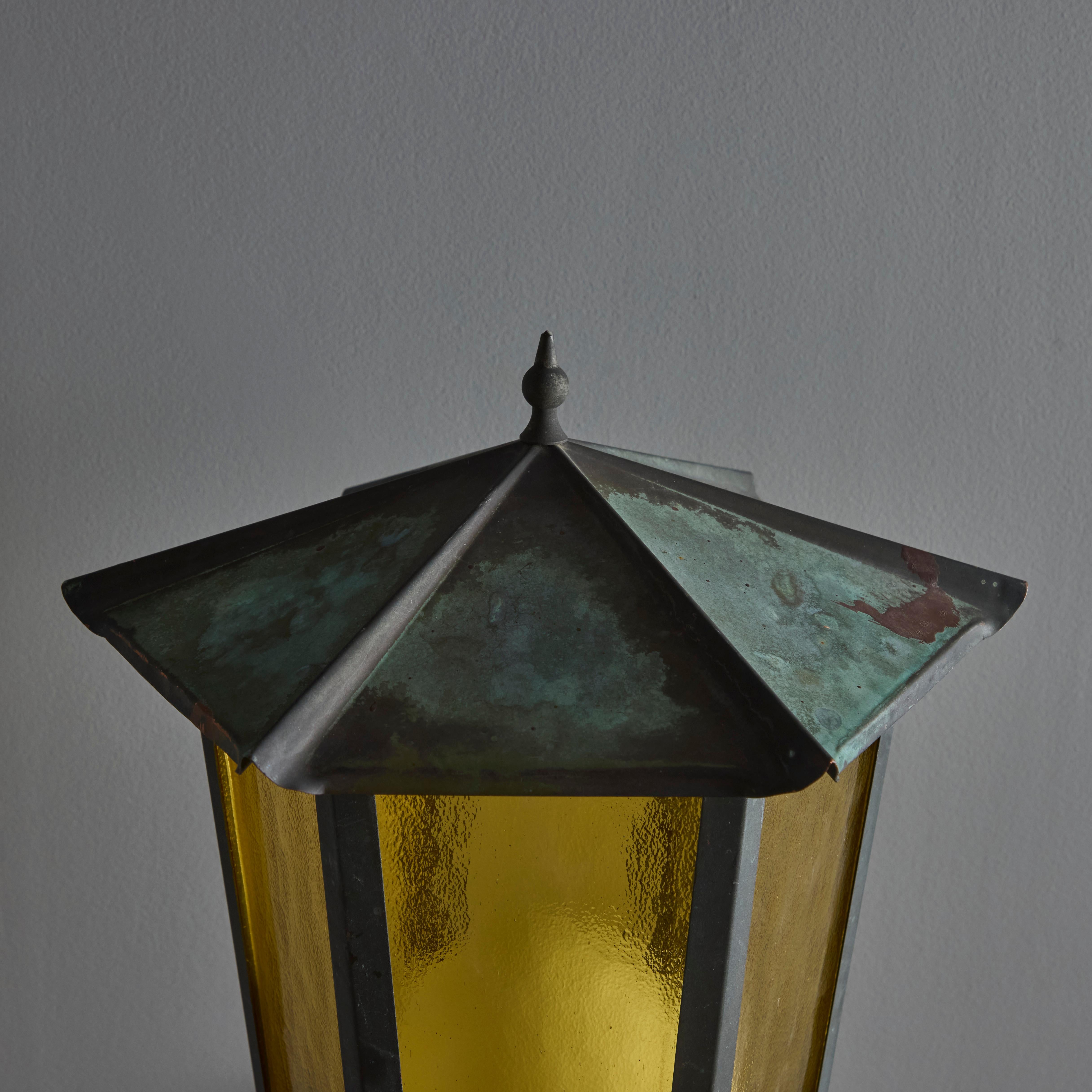 1950s Large Scandinavian Outdoor Wall Light in Patinated Copper and Amber Glass 10