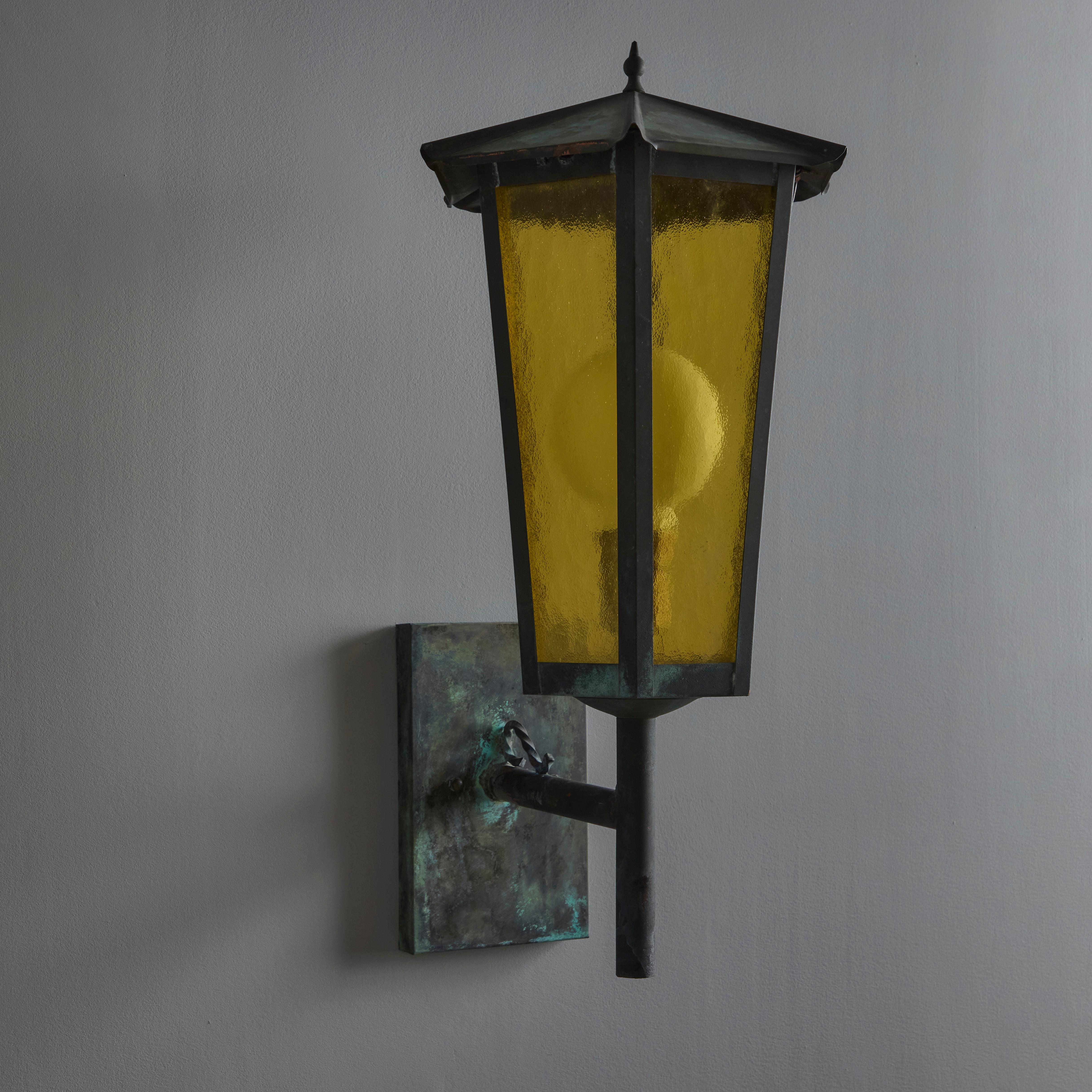 1950s Large Scandinavian Outdoor Wall Light in Patinated Copper and Amber Glass 11