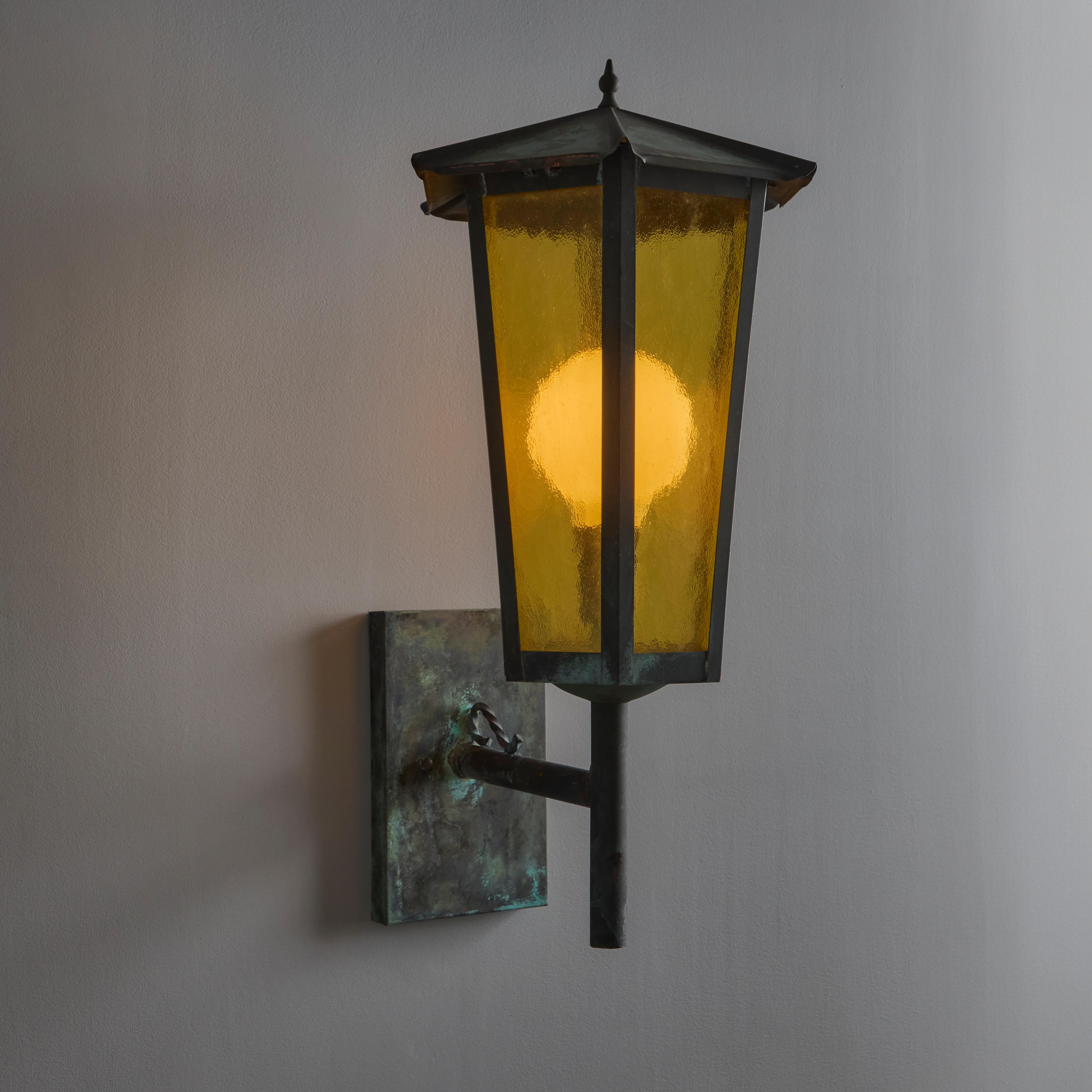 1950s Large Scandinavian Outdoor Wall Light in Patinated Copper and Amber Glass 12