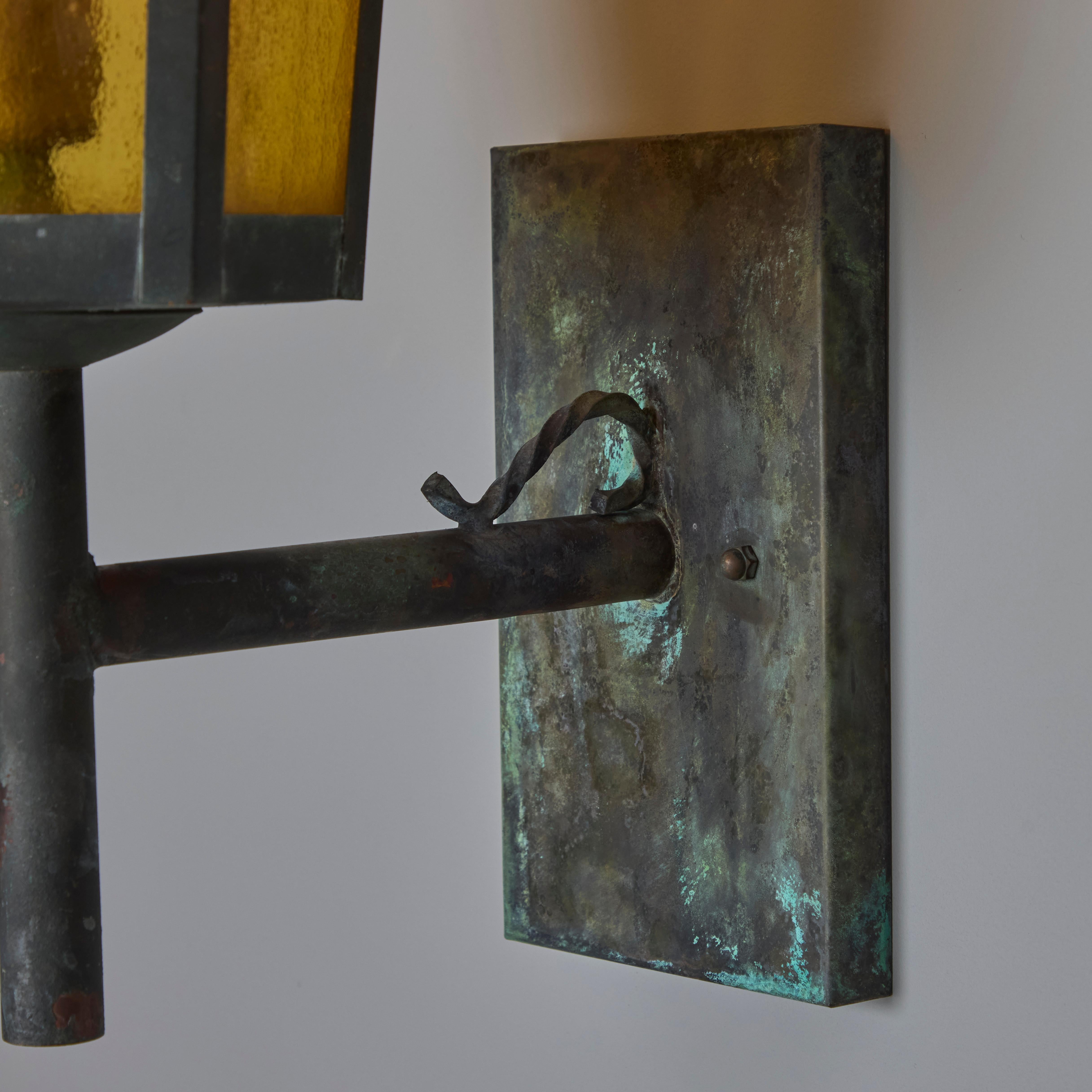 1950s Large Scandinavian Outdoor Wall Light in Patinated Copper and Amber Glass 13