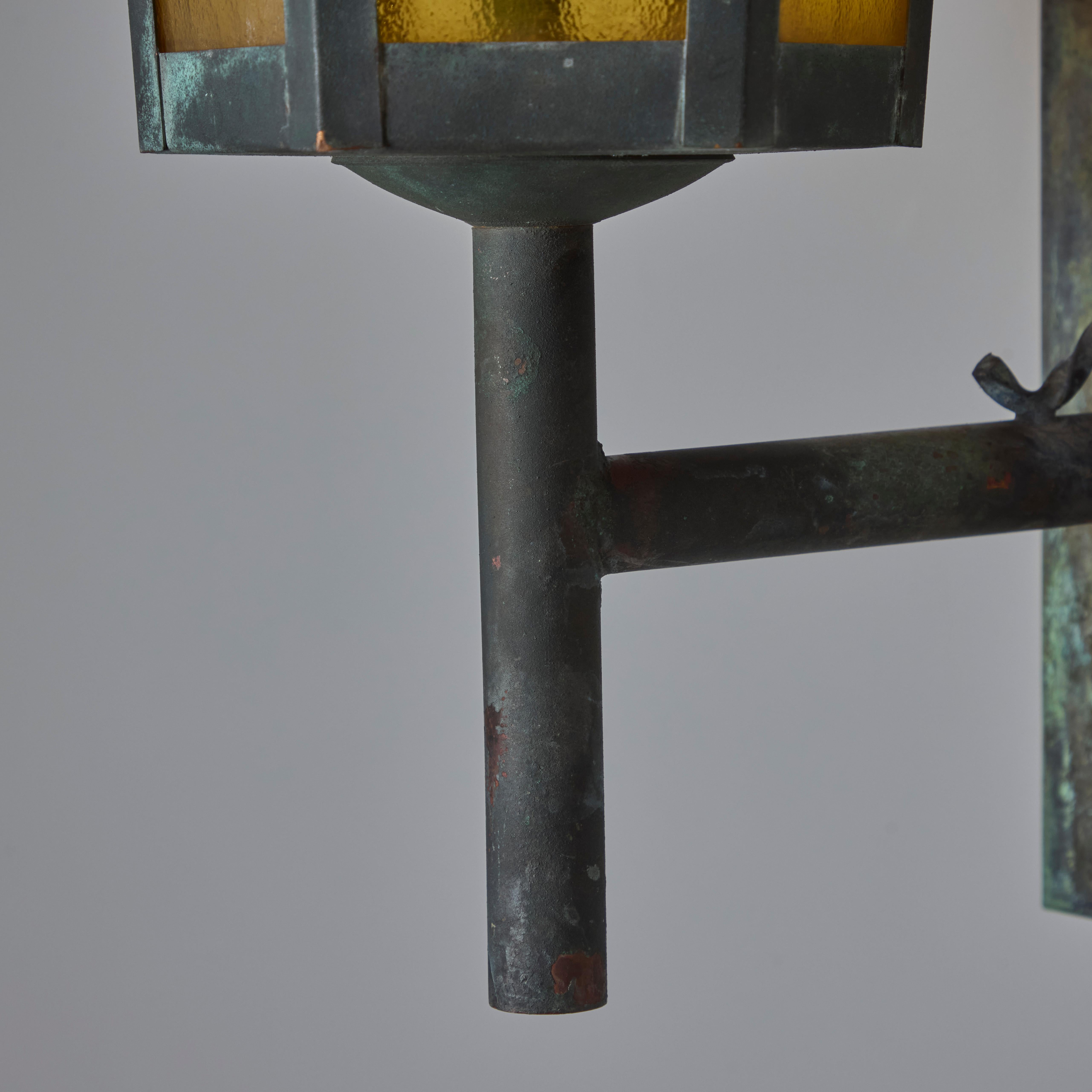 1950s Large Scandinavian Outdoor Wall Light in Patinated Copper and Amber Glass 14