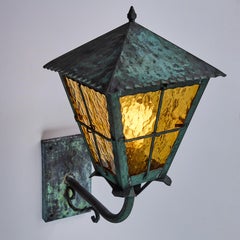 1950s Large Scandinavian Outdoor Wall Light in Patinated Copper and Amber Glass