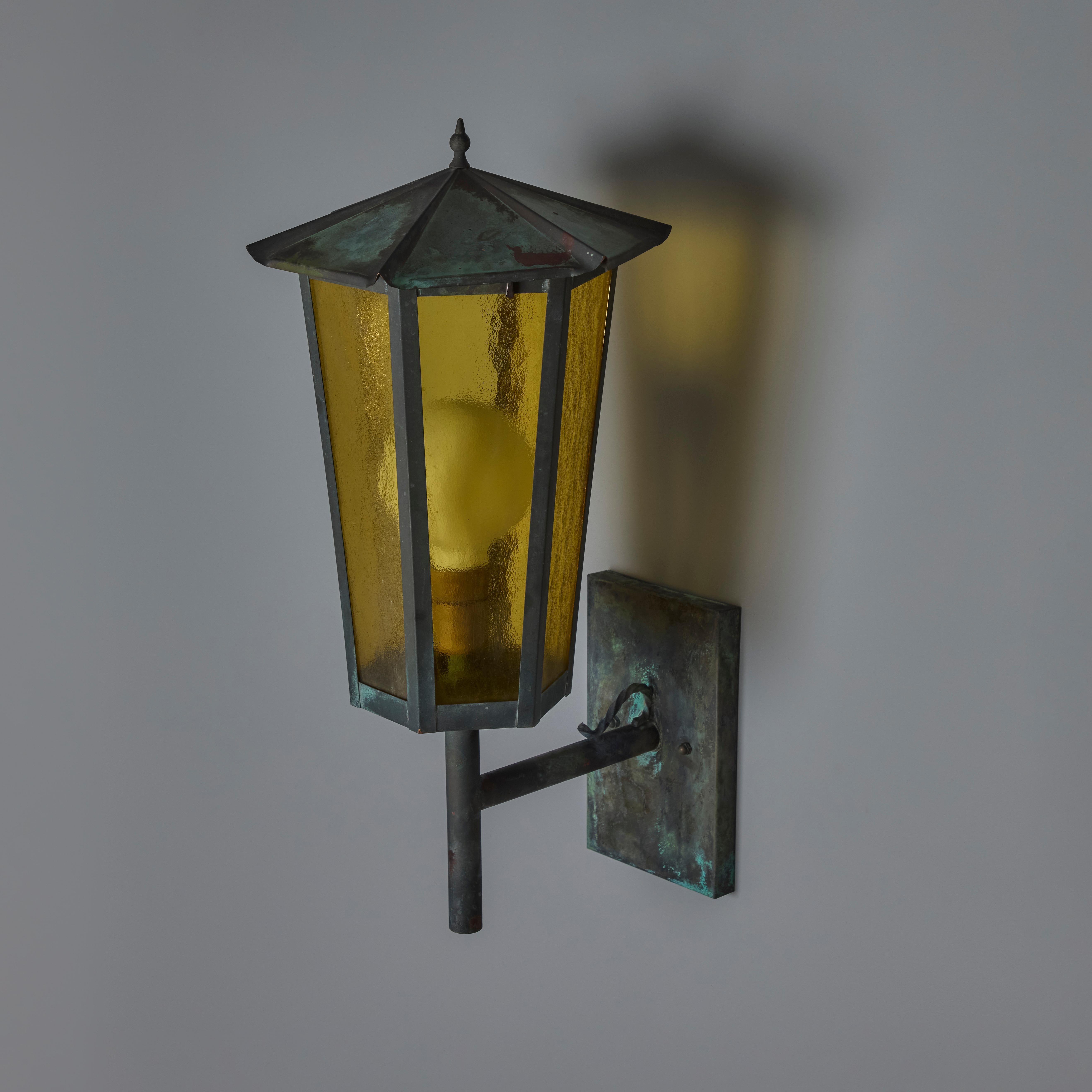 1950s Large Scandinavian Outdoor Wall Light in Patinated Copper and Amber Glass 15