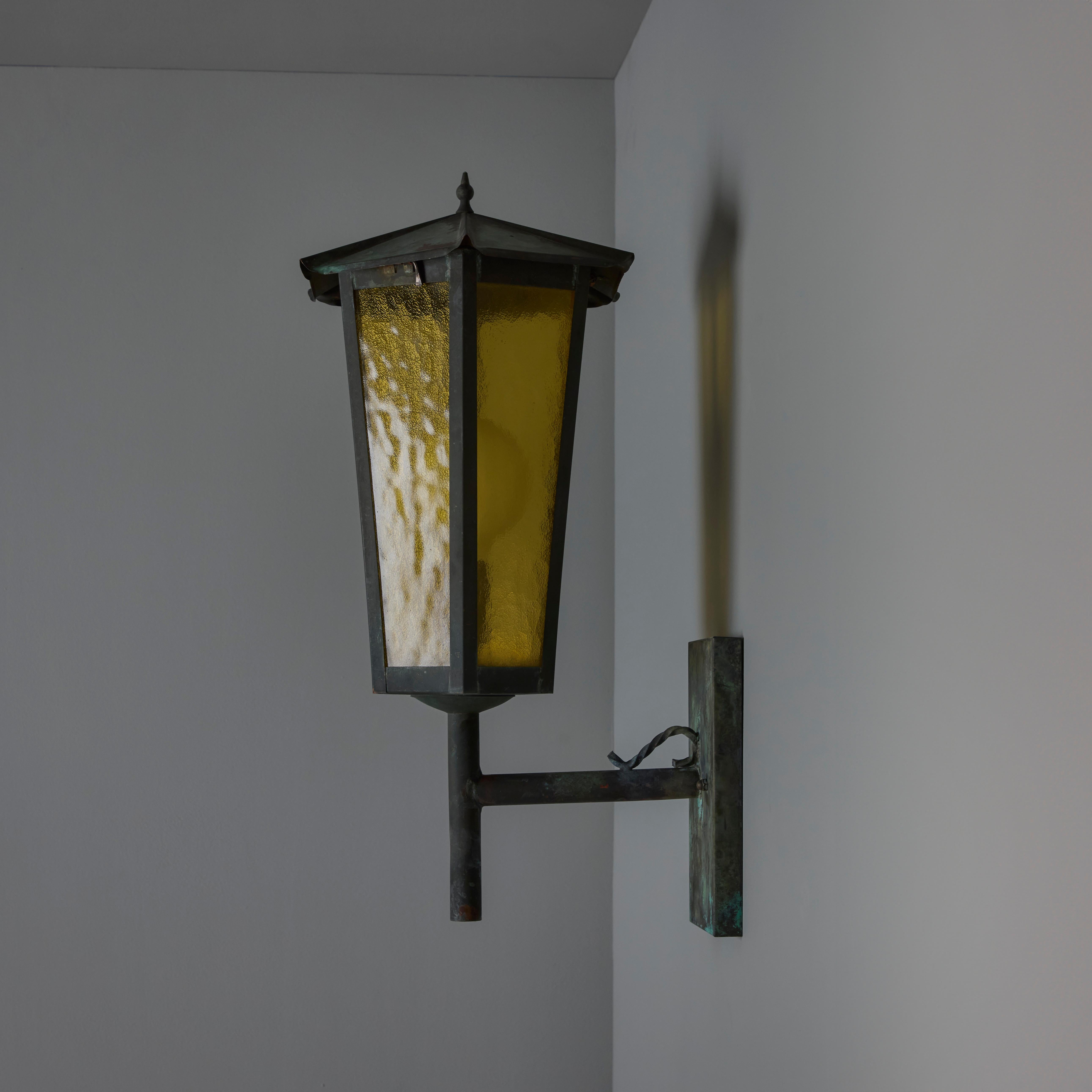 Scandinavian Modern 1950s Large Scandinavian Outdoor Wall Light in Patinated Copper and Amber Glass