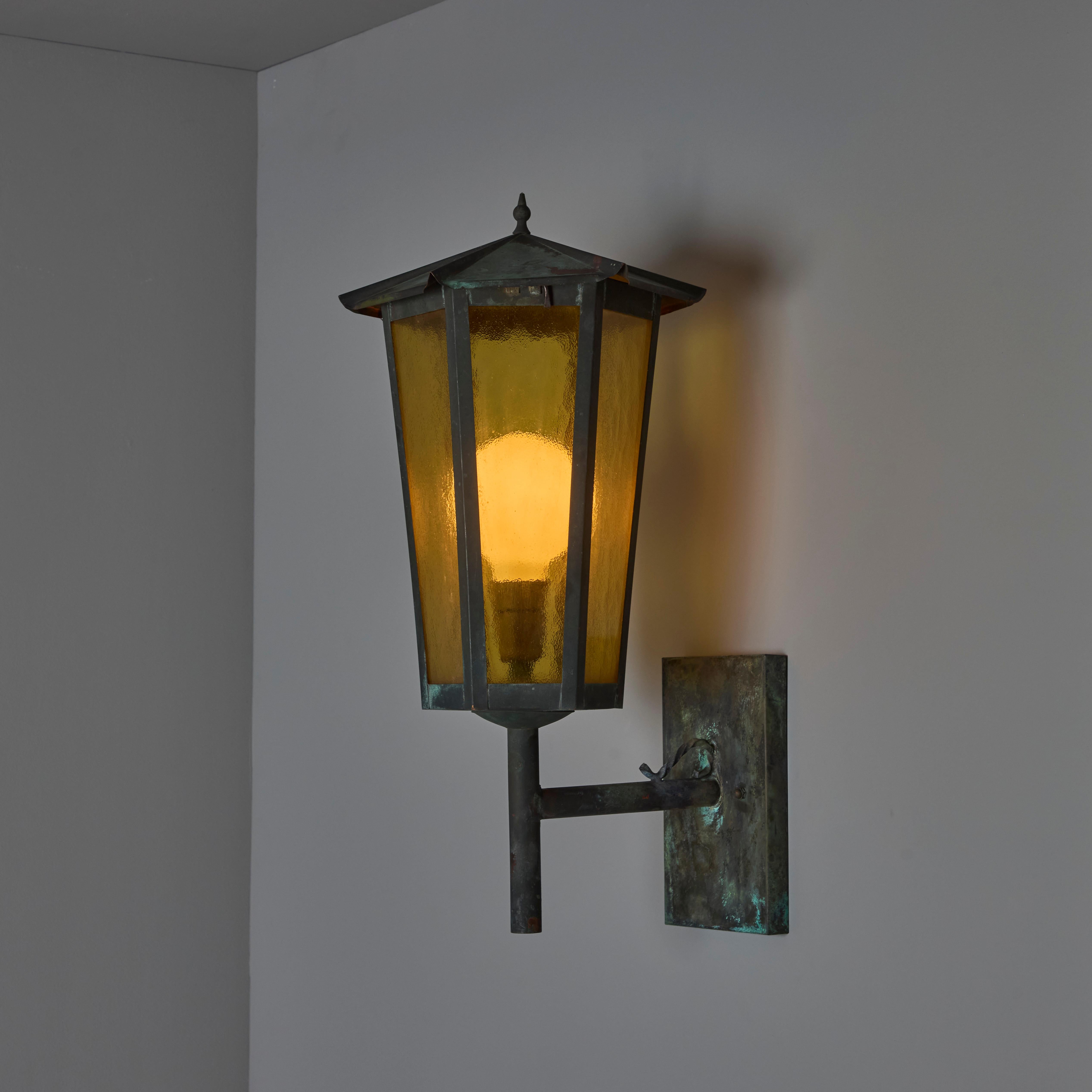 1950s Large Scandinavian Outdoor Wall Light in Patinated Copper and Amber Glass In Good Condition In Glendale, CA