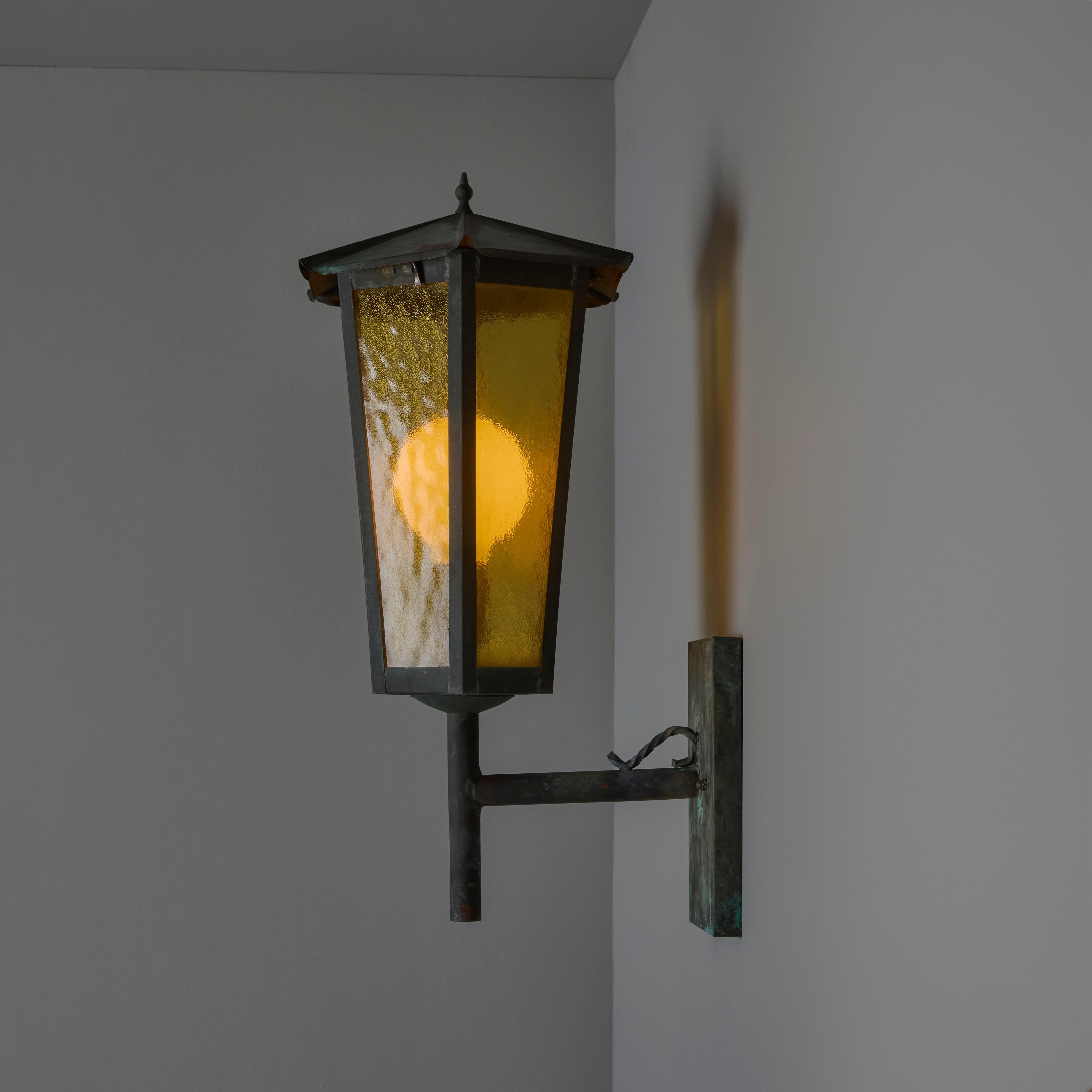 Mid-20th Century 1950s Large Scandinavian Outdoor Wall Light in Patinated Copper and Amber Glass
