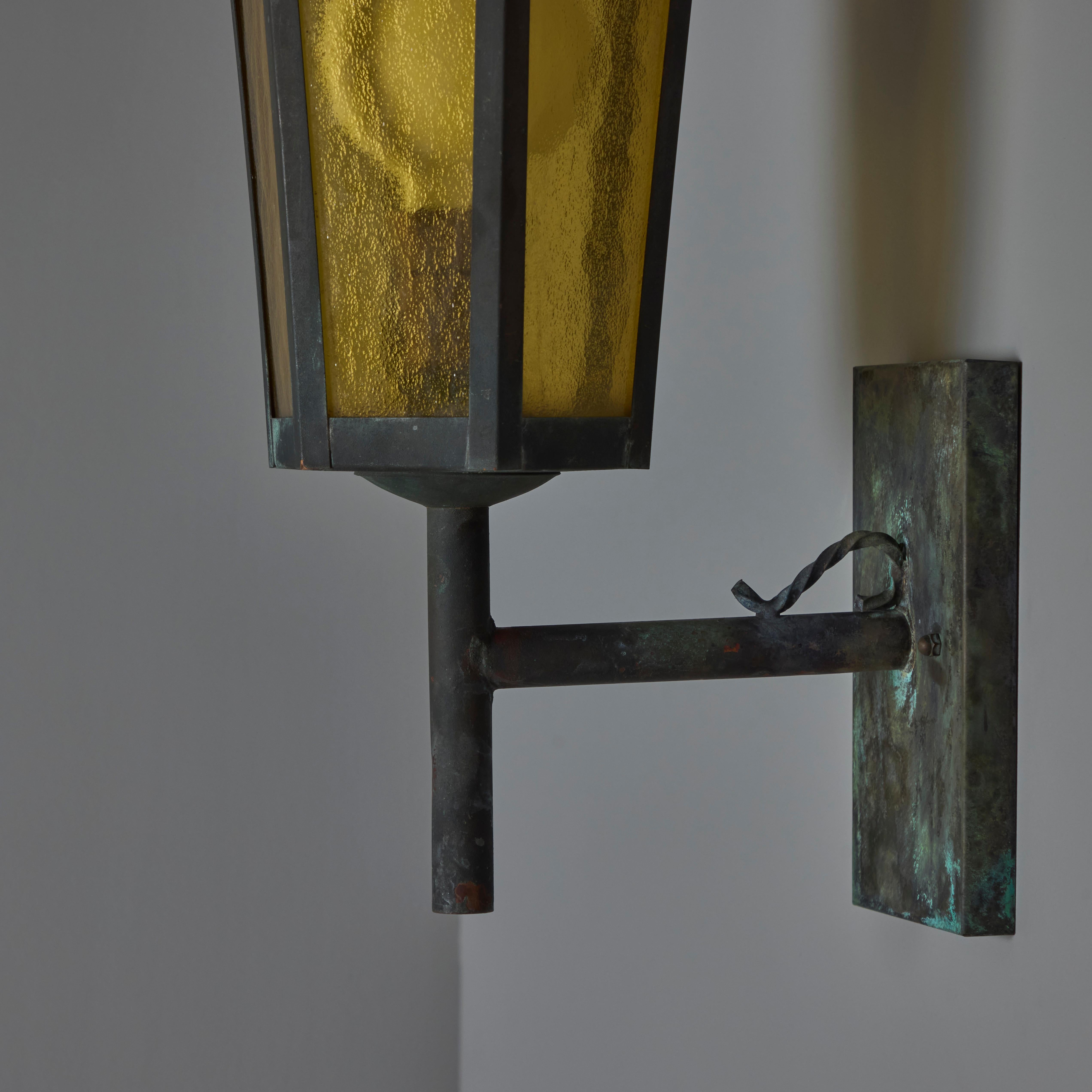 1950s Large Scandinavian Outdoor Wall Light in Patinated Copper and Amber Glass 1