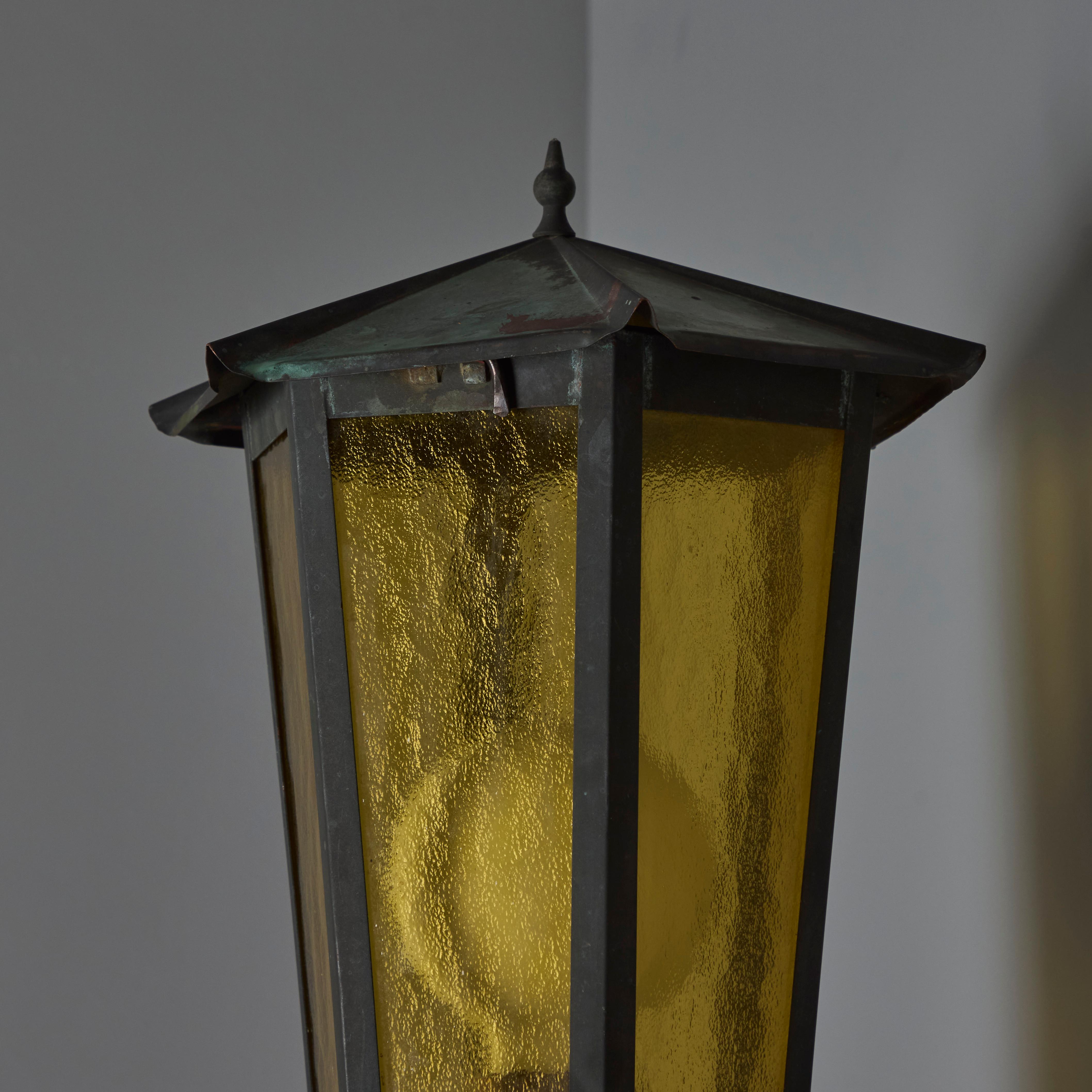 1950s Large Scandinavian Outdoor Wall Light in Patinated Copper and Amber Glass 2