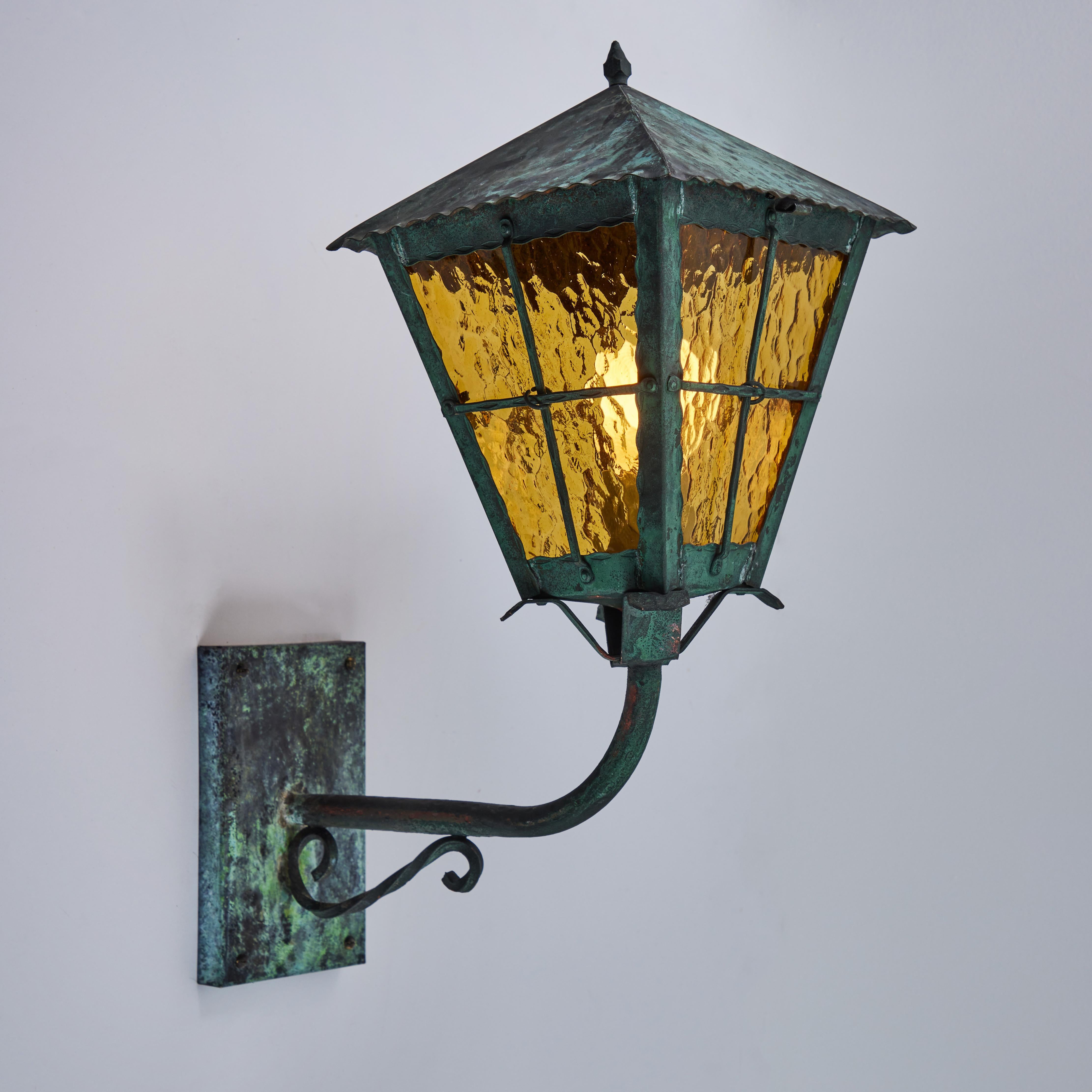 Mid-20th Century 1950s Large Scandinavian Outdoor Wall Light in Patinated Copper and Amber Glass For Sale