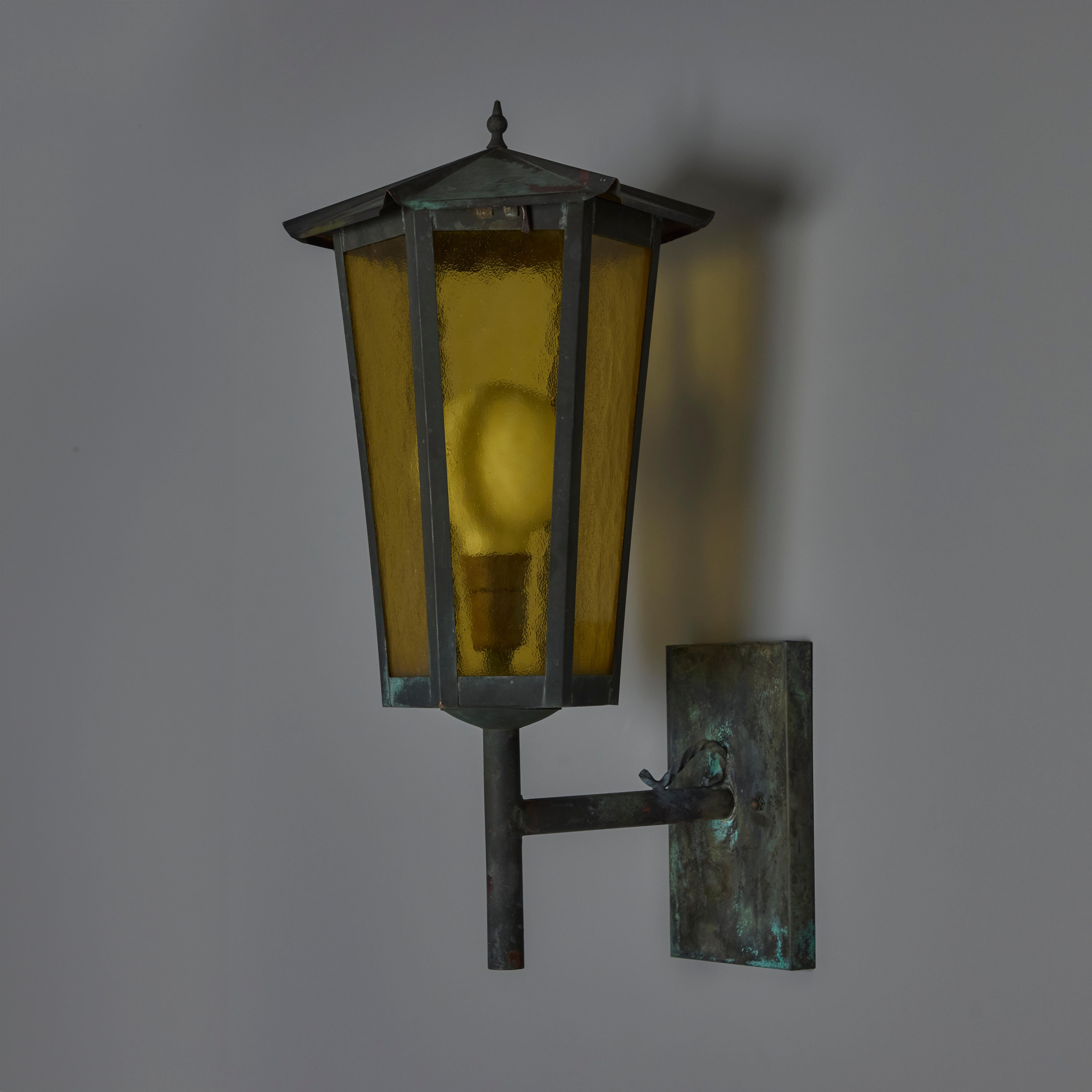 1950s Large Scandinavian Outdoor Wall Light in Patinated Copper and Amber Glass 3