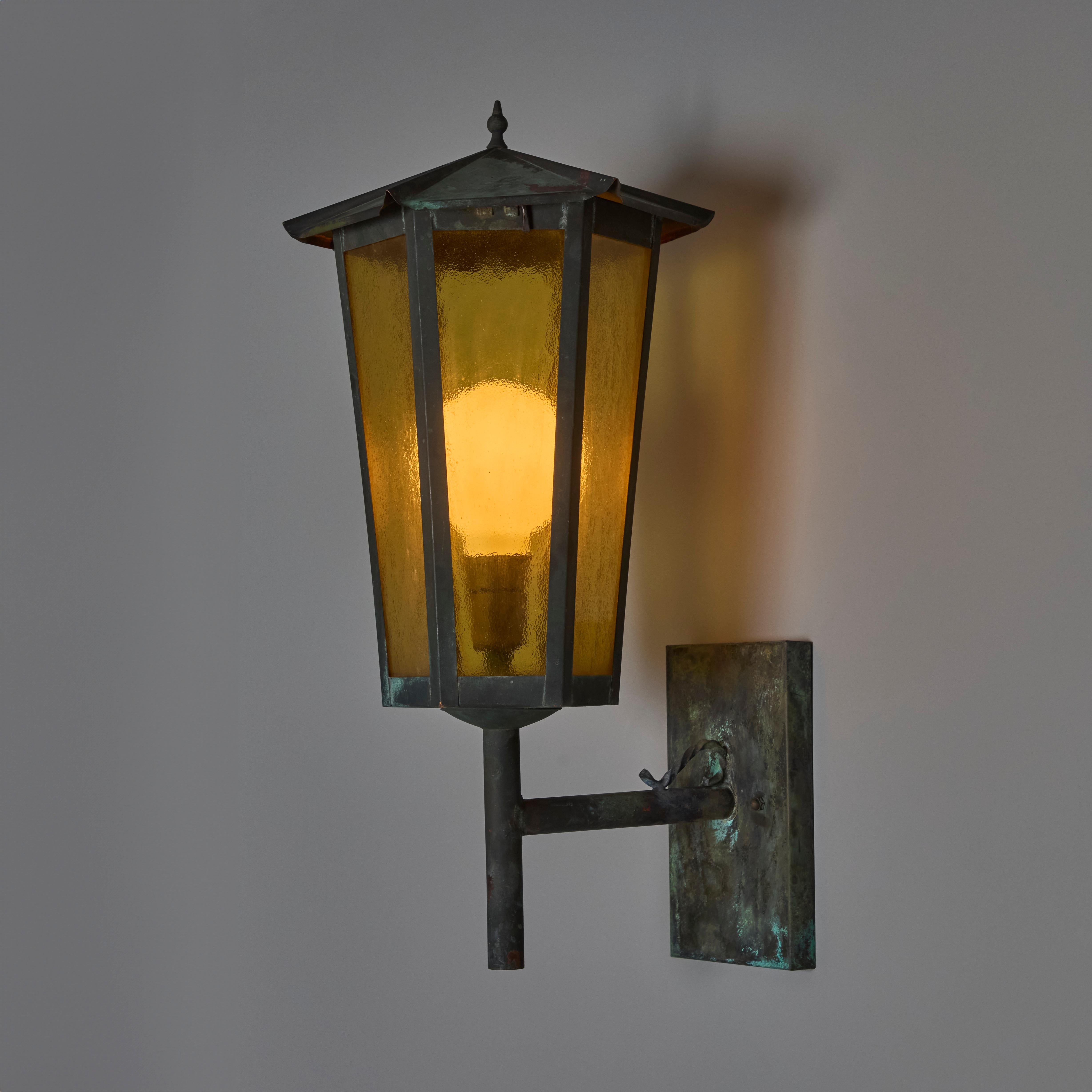 1950s Large Scandinavian Outdoor Wall Light in Patinated Copper and Amber Glass 4
