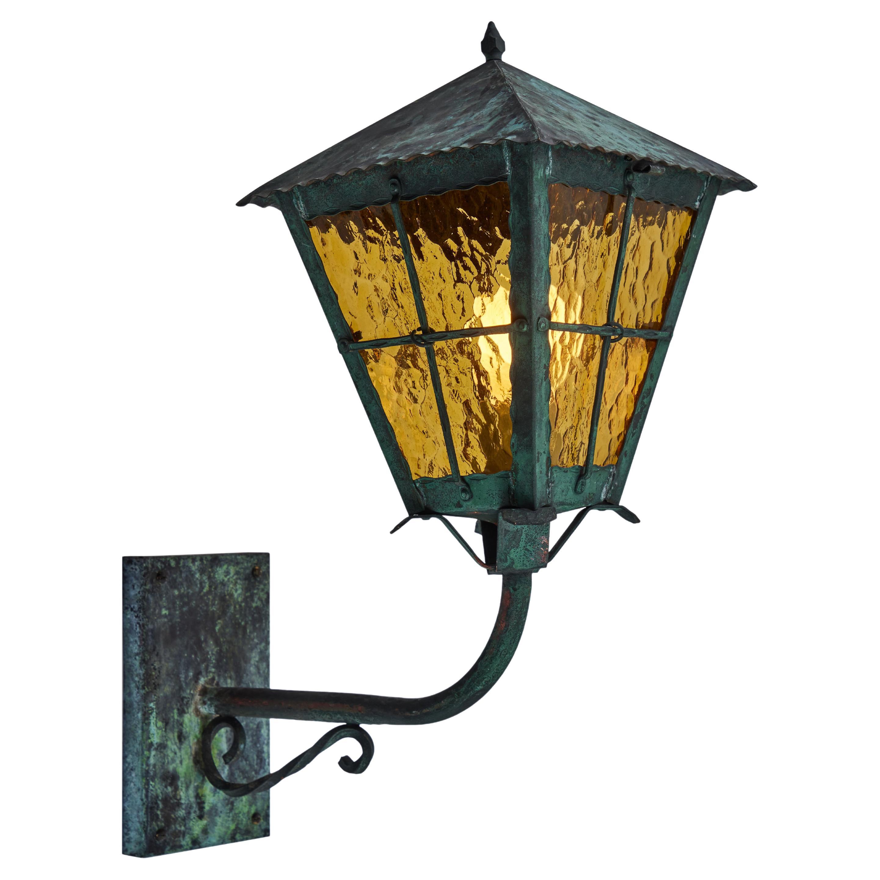 1950s Large Scandinavian Outdoor Wall Light in Patinated Copper and Amber Glass For Sale