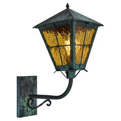 1950s Large Scandinavian Outdoor Wall Light in Patinated Copper and Amber Glass