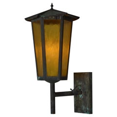 1950s Large Scandinavian Outdoor Wall Light in Patinated Copper and Amber Glass