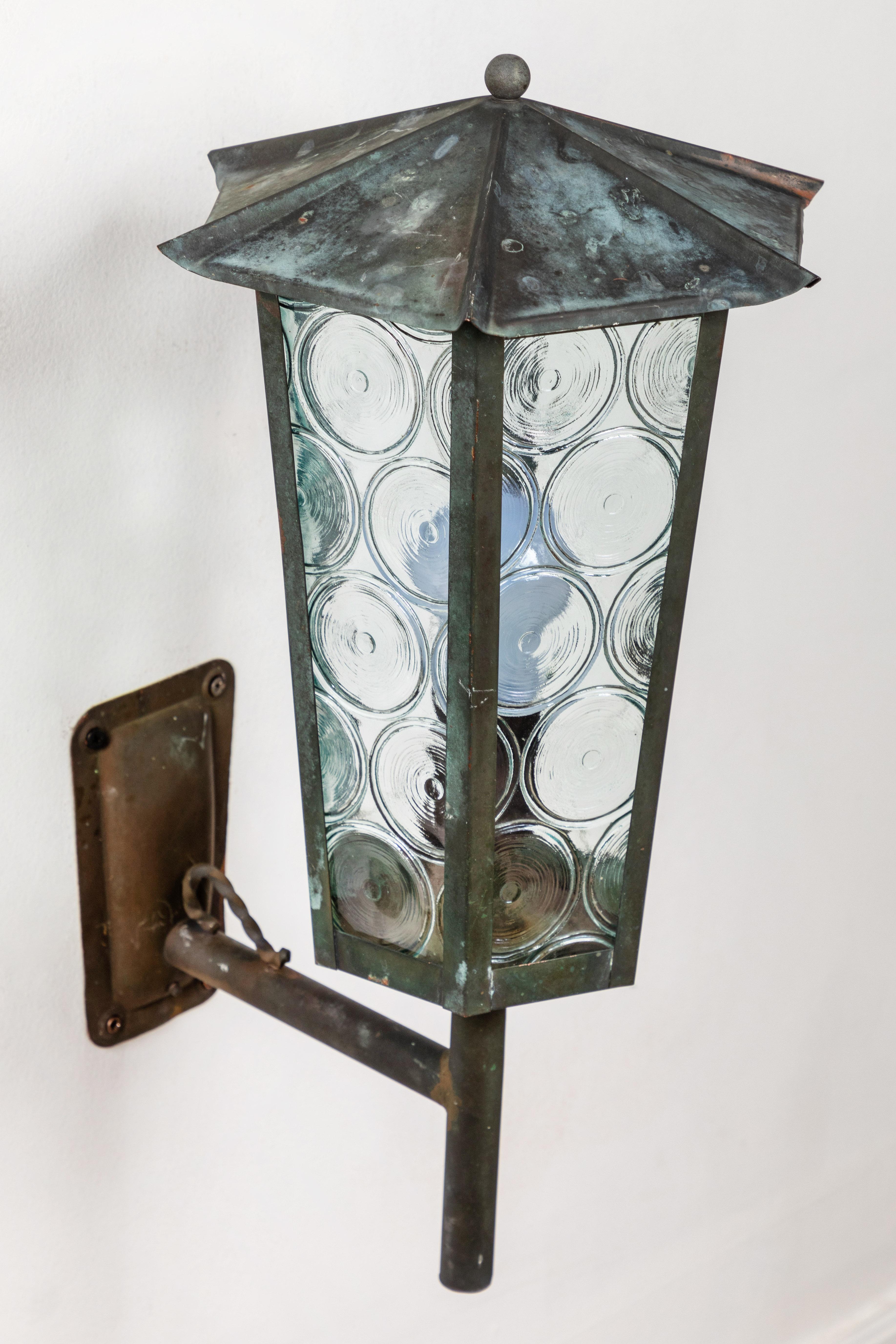 1950s Large Scandinavian Outdoor Wall Light in Patinated Copper and Glass In Good Condition In Glendale, CA