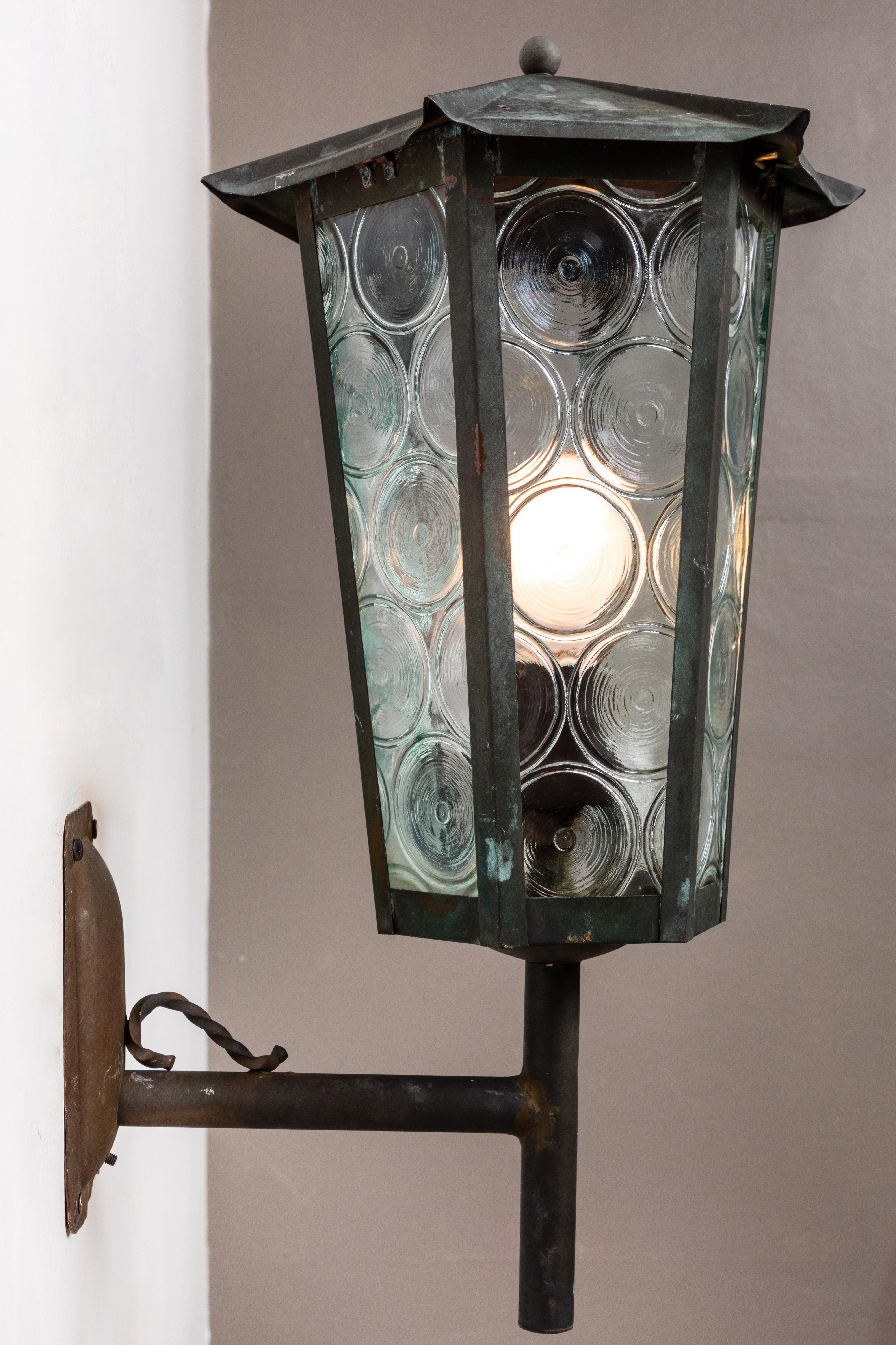 1950s Large Scandinavian Outdoor Wall Light in Patinated Copper and Glass 1
