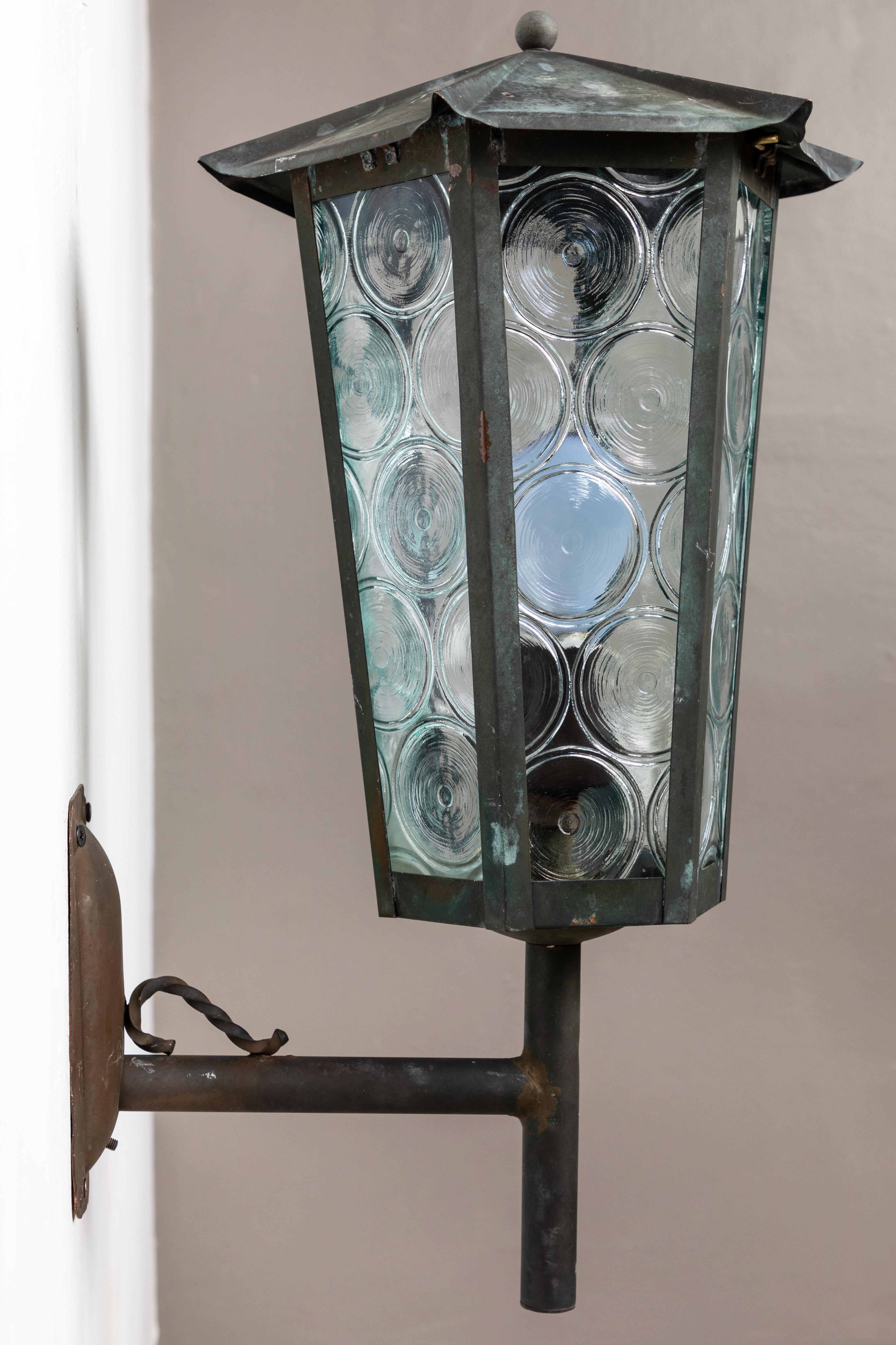 1950s Large Scandinavian Outdoor Wall Lights in Patinated Copper and Glass In Good Condition In Glendale, CA