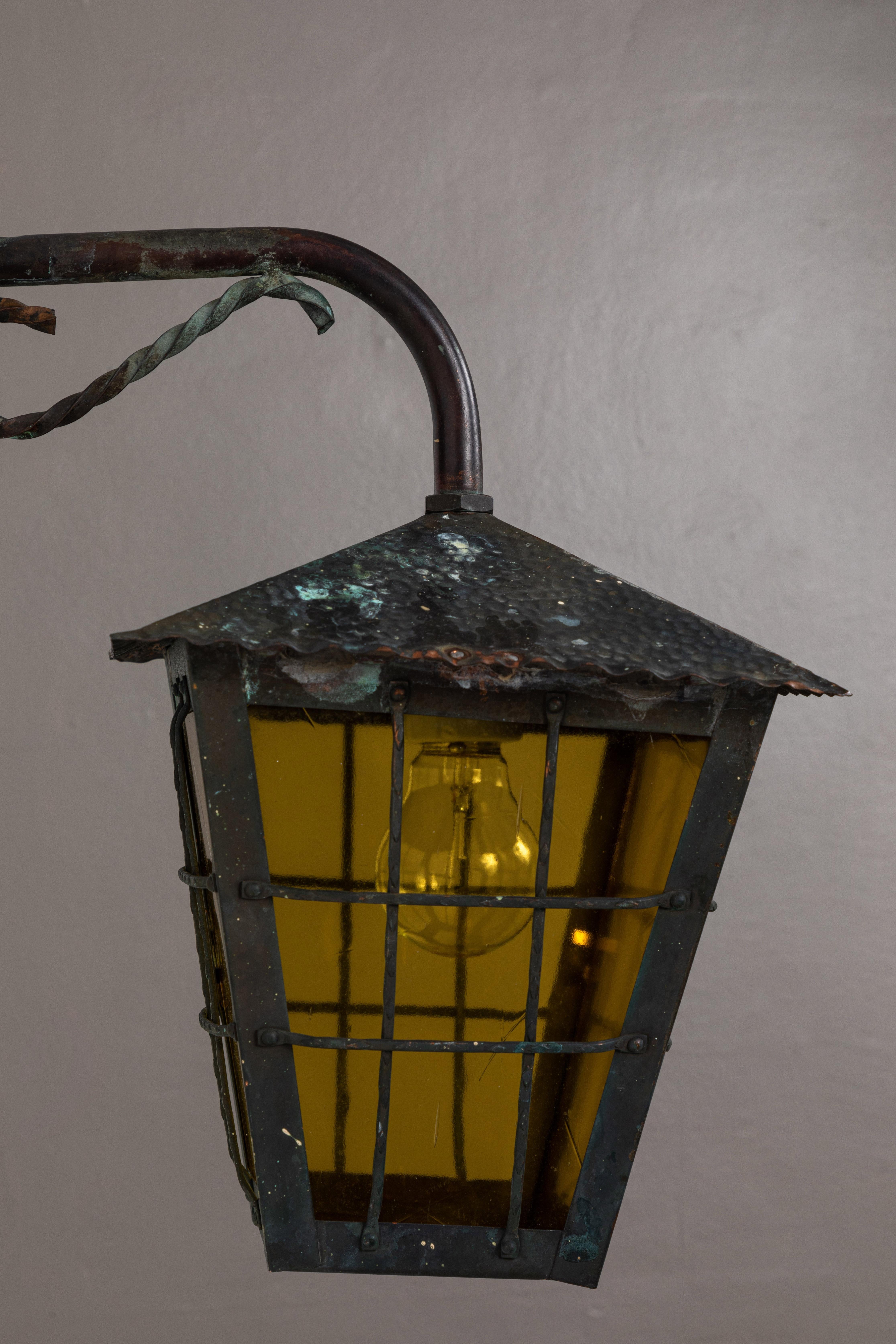 1950s Large Scandinavian Outdoor Wall Lights in Patinated Copper & Yellow Glass 2