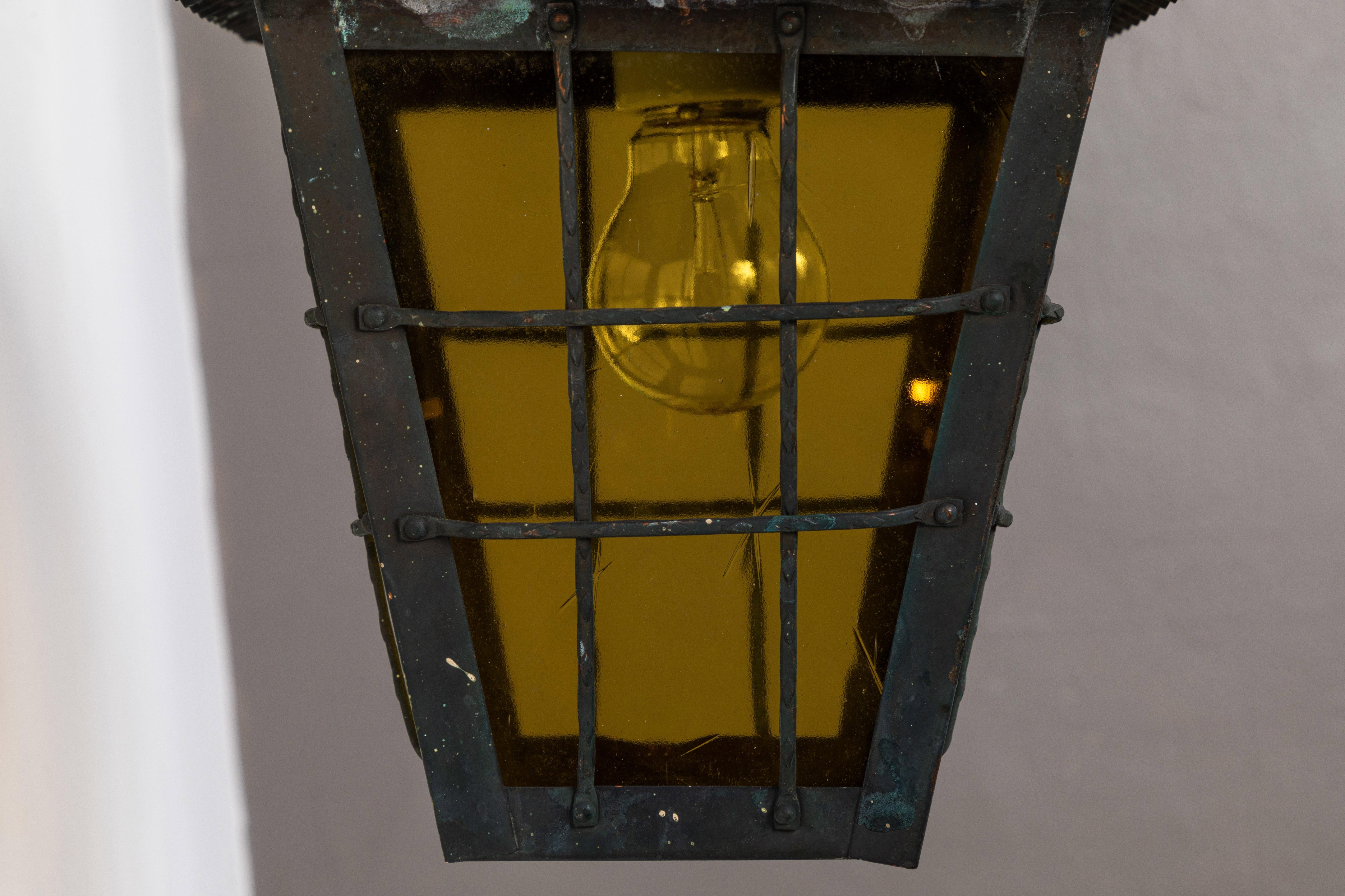 1950s Large Scandinavian Outdoor Wall Lights in Patinated Copper & Yellow Glass 3