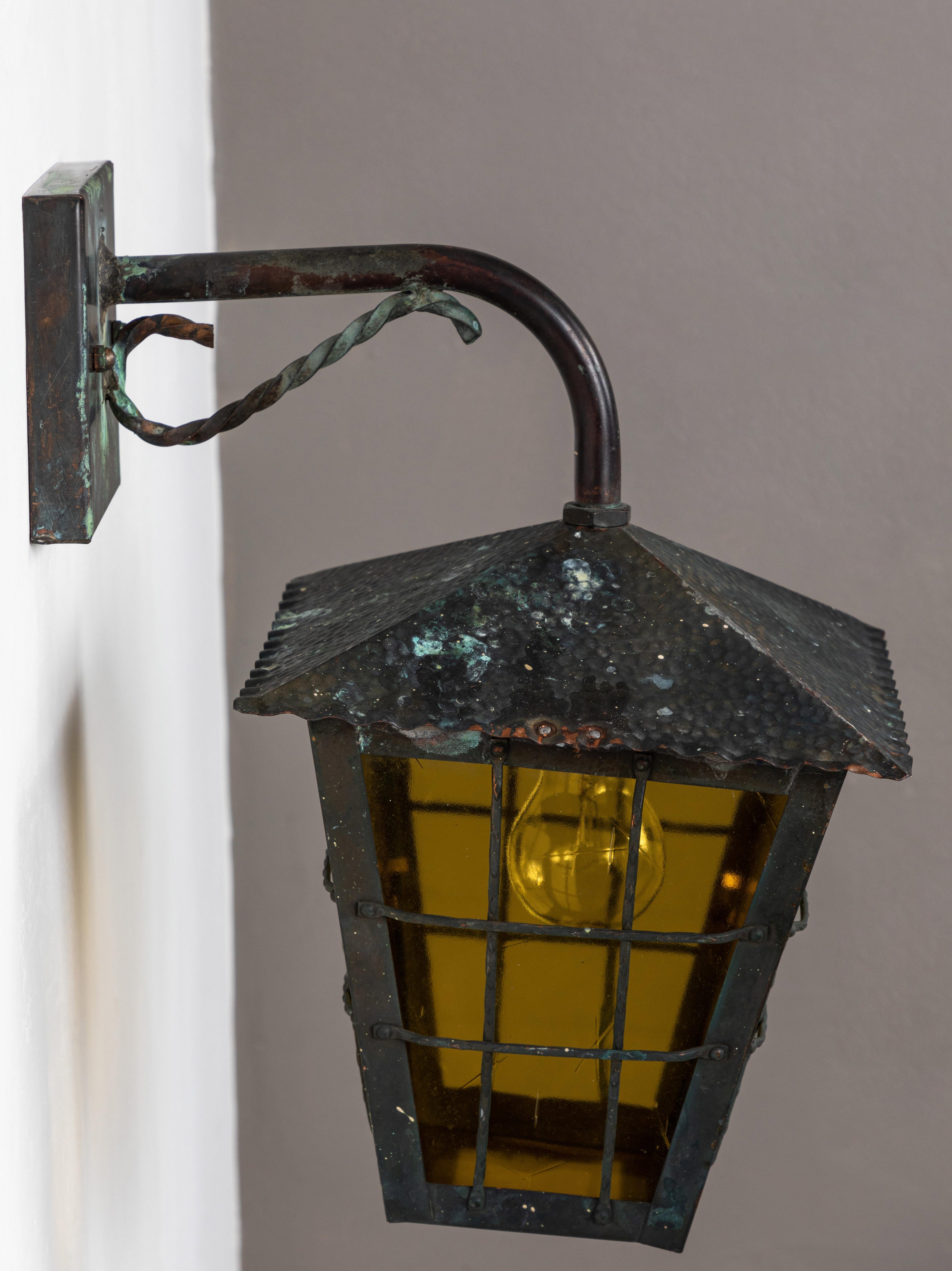 Scandinavian Modern 1950s Large Scandinavian Outdoor Wall Lights in Patinated Copper & Yellow Glass