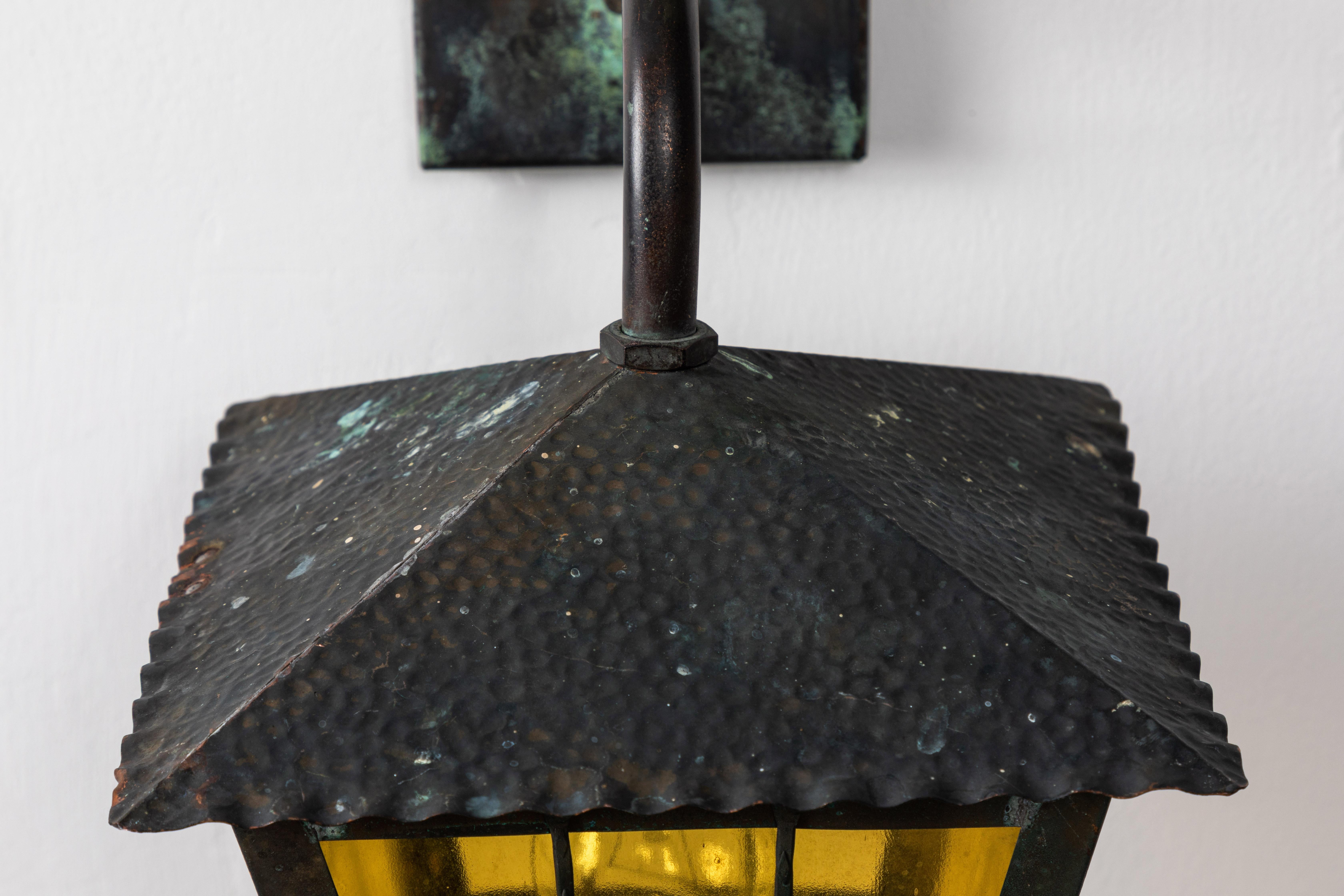 1950s Large Scandinavian Outdoor Wall Lights in Patinated Copper & Yellow Glass In Good Condition In Glendale, CA