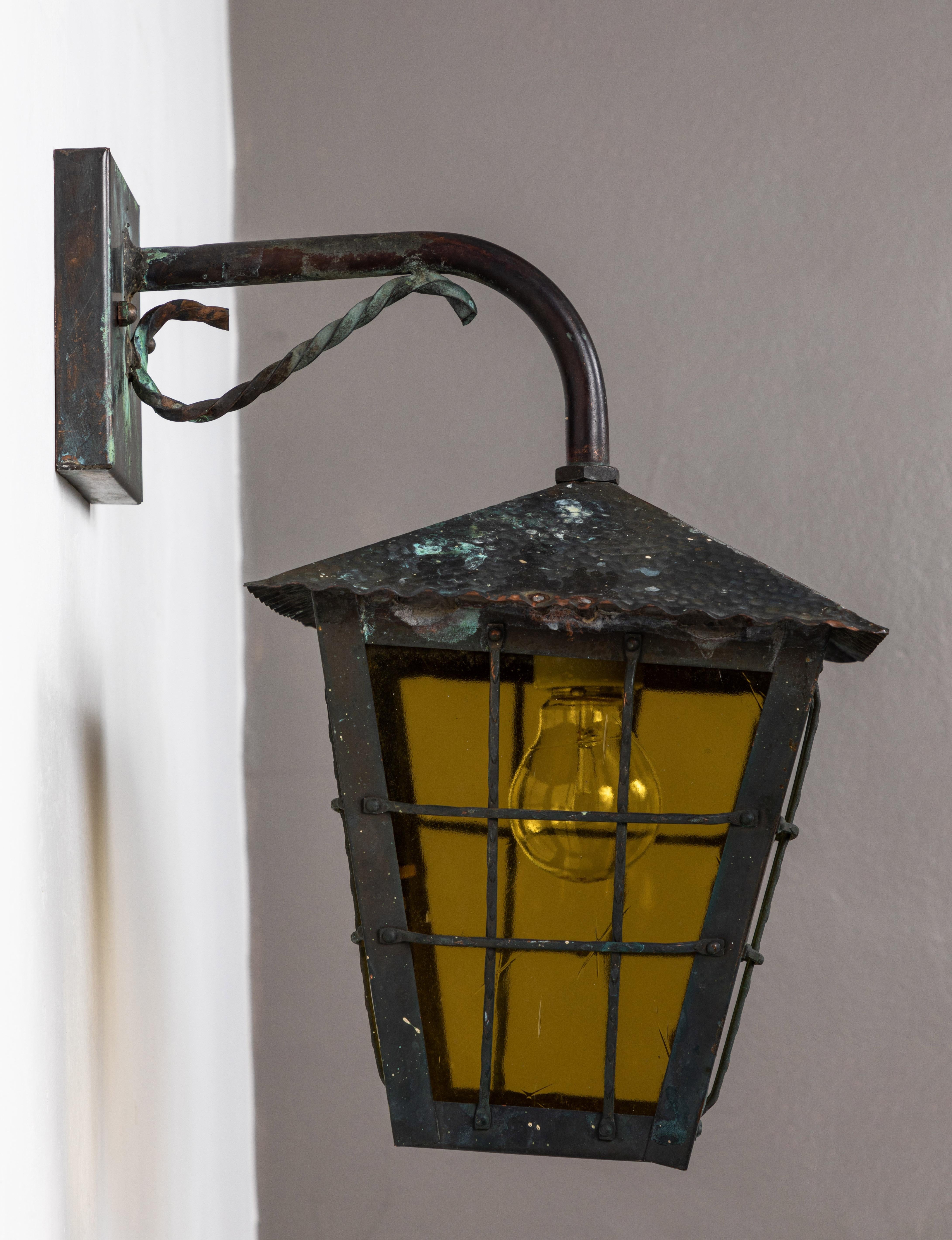 Mid-20th Century 1950s Large Scandinavian Outdoor Wall Lights in Patinated Copper & Yellow Glass