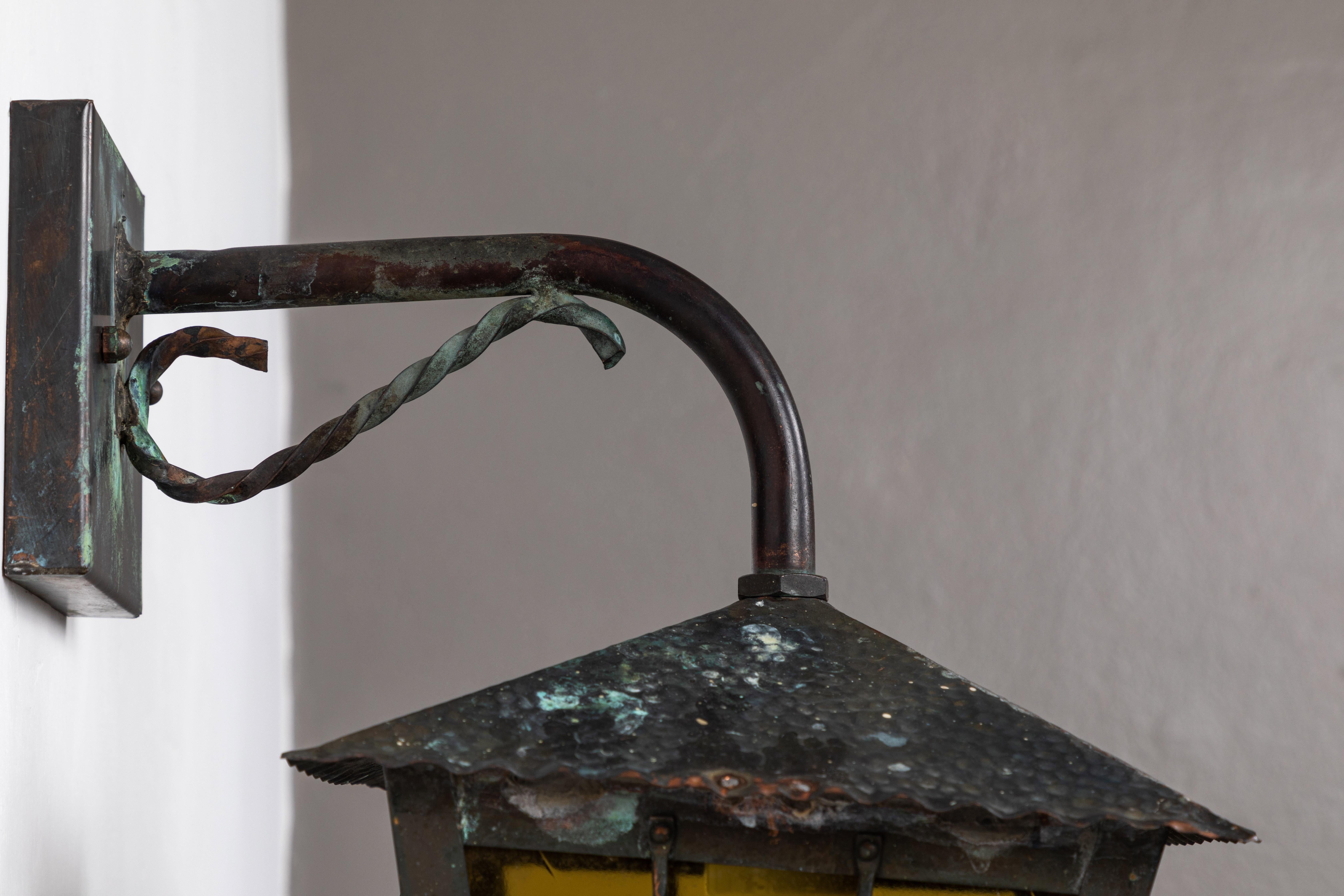 1950s Large Scandinavian Outdoor Wall Lights in Patinated Copper & Yellow Glass 1
