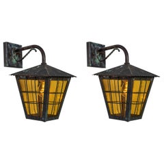 1950s Large Scandinavian Outdoor Wall Lights in Patinated Copper & Yellow Glass