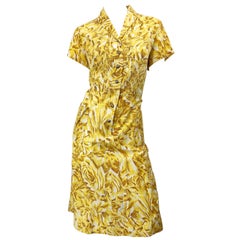 1950s Large Size Yellow + White Rose Flower Print Brentwood Vintage 50s Dress