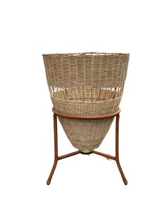 1950's Large Stitched leather and rattan table lamp by Jacques Adnet