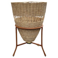 1950's Large Stitched leather and rattan table lamp by Jacques Adnet