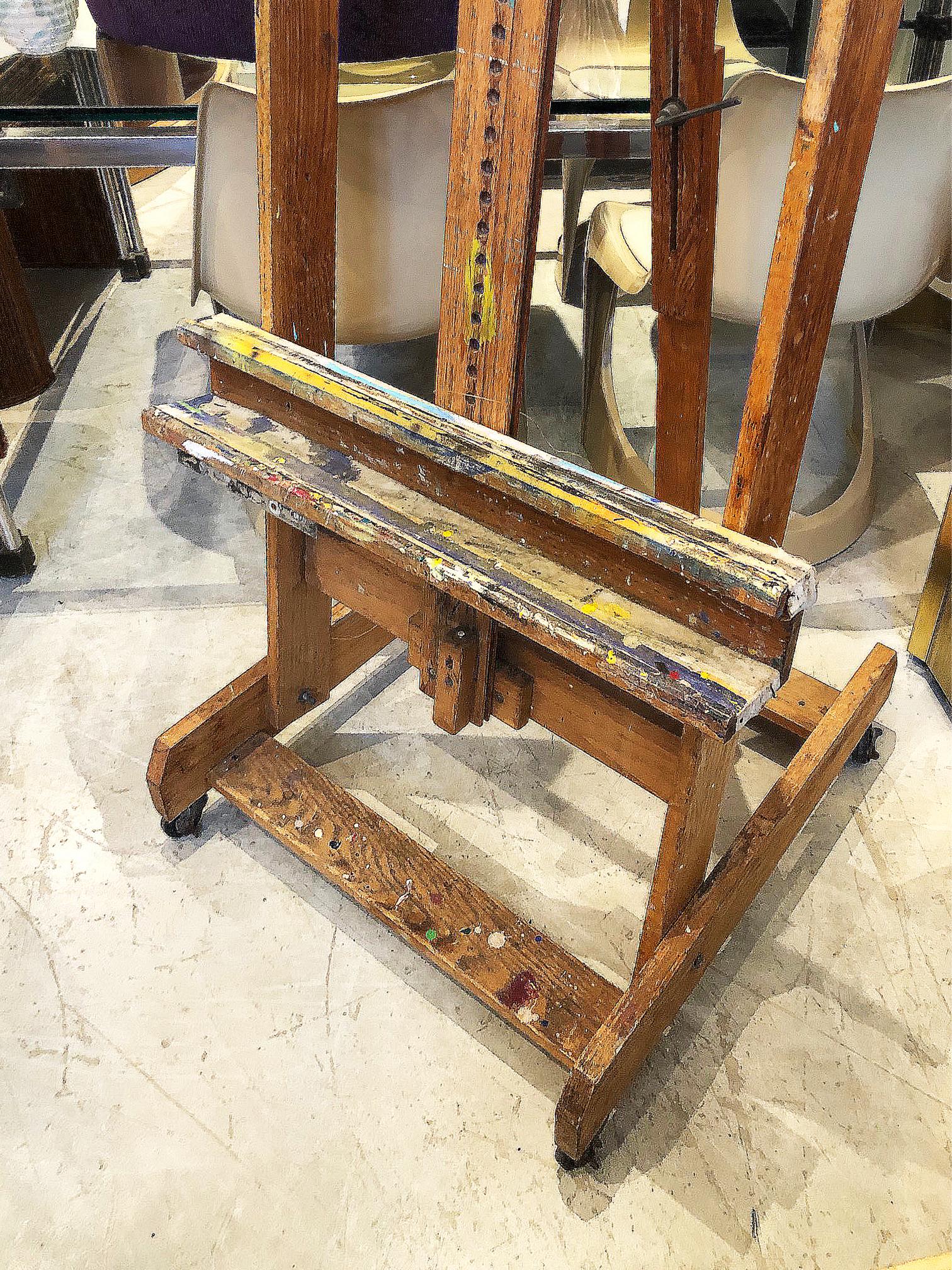 1950s Large Vintage Adjustable Working Artist's Easel with Patina In Good Condition In Miami, FL